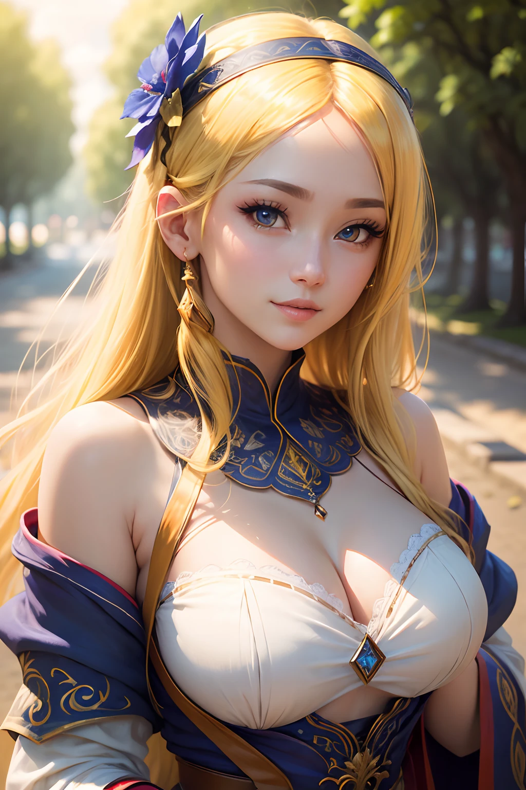 masterpiece, best quality, best quality, (Intricate detailed:1.2), beautiful eyes, 1girl, solo, outdoors, blue sky, cloudy, bokeh, lens flare, anamorphic lens flare, depth of field, seductive face, seductive smile, heanna_sumire, yellow hair, red headband,