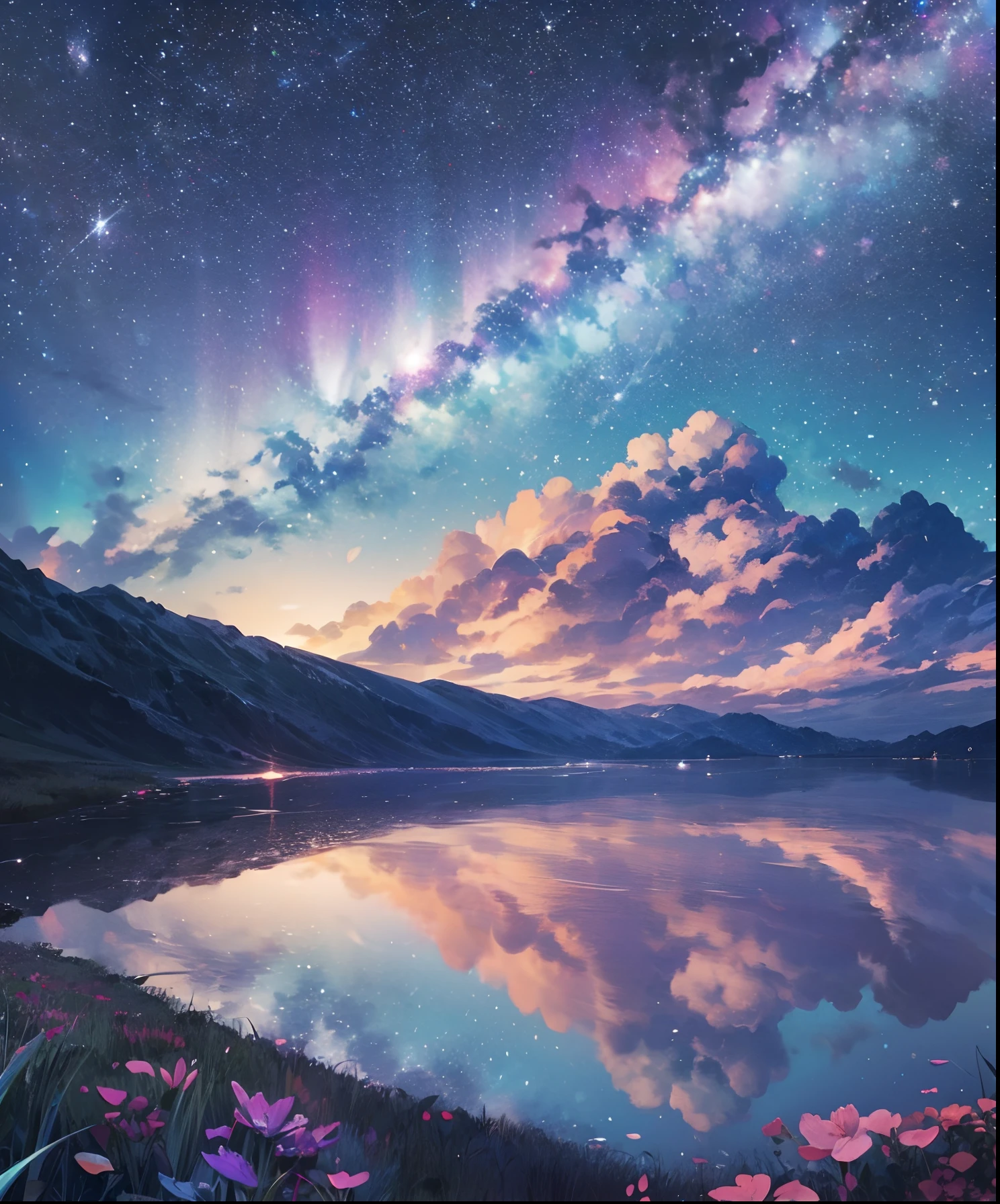 Describe a scene where a cute girl character is lying on a grassy hill, Looking up at the starry sky. Surround her with colorful nebulae and her favorite constellations.