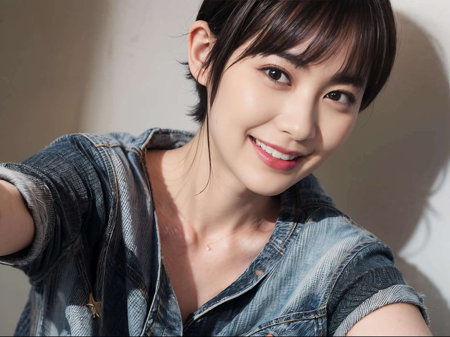 ((1womanl)), (((Black-short-hair))), (masuter piece:1,3)、top-quality、masterpiece、hight resolution、Original、highly detailed wallpaper、jeans、 (A slight smil)、a small face、((full breasts))、(print t-shirt)、(light on face)、Live-action style, Beautiful facial features, Luxurious large room, (cowboy shot:1.3)