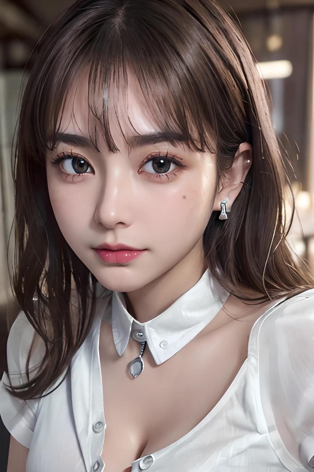 (16 K:1,5),Light brown fringed hair mixed with silver、disheveled hair、Light brown eyes、(dignified expression)、(爆乳:1.4)、Emphasize the valley、(Photorealsitic)、Shadow、(The face of the golden ratio:1.2)、(intricate detailes:1.2)、(masterpiece、:1.3)、(top-quality:1.4)、(超A high resolution:1.2)、超A high resolution、(A detailed eye)、(Detailed ears)、(Detailed eyebrows)、(Detailed mouth)、(detailed facial features)、((Silver necklace))、Blurred neon night view background,(gals:1.2),(White shirt:1.3),((cleavage,Unbuttoned):1.2),(3 small moles under the eyes:1.2)