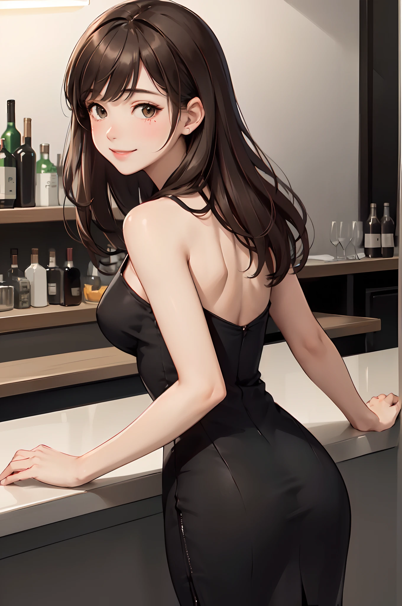 1lady solo, /(looking back from behind/), mature female, /(pencil dress/), /(brown hair/) bangs, blush kind smile, (masterpiece best quality:1.2) delicate illustration ultra-detailed, arms down, thigh, /(bar counter night/)