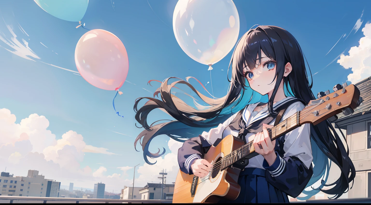 masutepiece, Fine details, 4K, 8K, 12K, Solo, Solo, Beautiful Girl, caucasian female, Black hair, Long hair, Sailor Suit, Blue pleated skirt, Playing guitar, Detailed background, School rooftop, Blue sky, March, many balloons、Colorful balloons