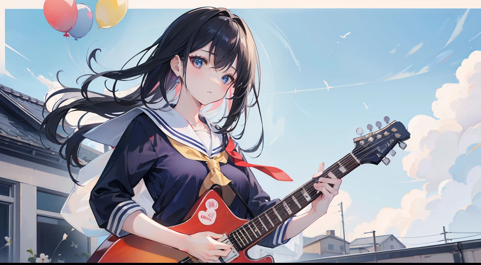 masutepiece, Fine details, 4K, 8K, 12K, Solo, Solo, Beautiful Girl, caucasian female, Black hair, Long hair, Sailor Suit, Blue pleated skirt, Playing guitar, Detailed background, School rooftop, Blue sky, March, many balloons、Colorful balloons