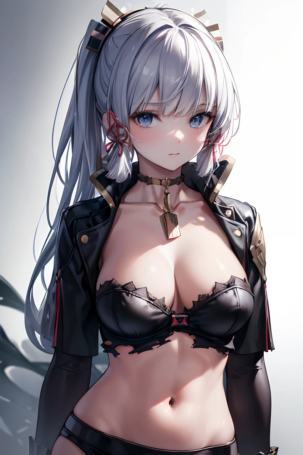 (((Masterpiece))), (portrait), diffused light, dynamic shadows, sharp focus, realistic, detailed, highres, absurdres, anatomically correct, seductive face, white background, torn clothes, looking to the side, black choker, belly button, medium breast