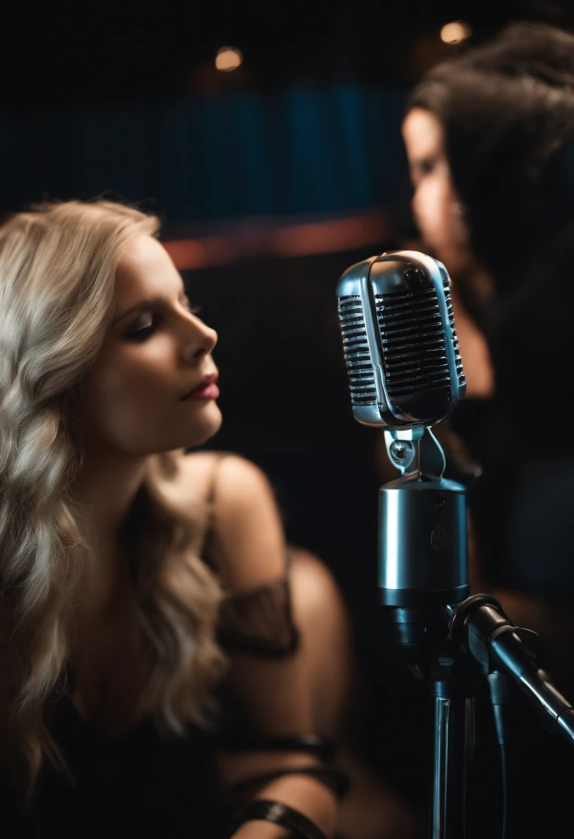 A YouTube girl behind a microphone ready to talk.