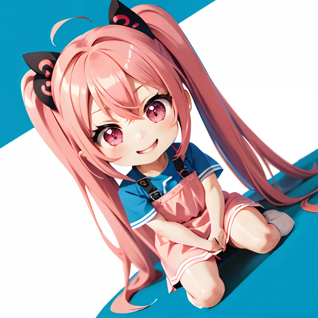 Cute chibi anime sitting on a blue plate, long pink hair with twin tails、Wear a hot pink mini dress, Smiling, Logo is cheap