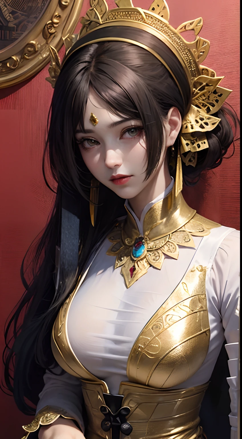 （tmasterpiece，top Quority，best qualtiy，offcial art，Beautiful and aesthetic：1.2），（1girl huge large breasts），waist - up，Tang suit，Hanfu，cyber punk style，mechs，Extremely detailed，Colorful，highestdetailed，offcial art，统一 8k 壁纸，ultra-detailliert，Beautiful and aesthetic，beatifull，tmasterpiece，best qualtiy，（Zentangle，a Mandala，Tangles，Entangled），Sacred Radiance，gold foil，Gold leaf art，glitter drawing，PerfectNwsjMajic、Long Bob