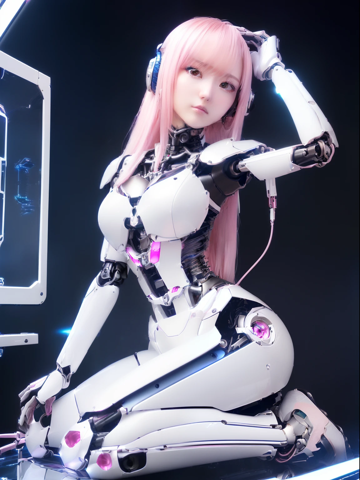 2 Robotic girls, inside capsule, naked, long hair, big breast, pink hair, white hair, wet body, machines around, interior, closed eyes, on top, logic anathomy body, 2 girls, long shot, sex missionary pose, seductive face, lying, orgasm face