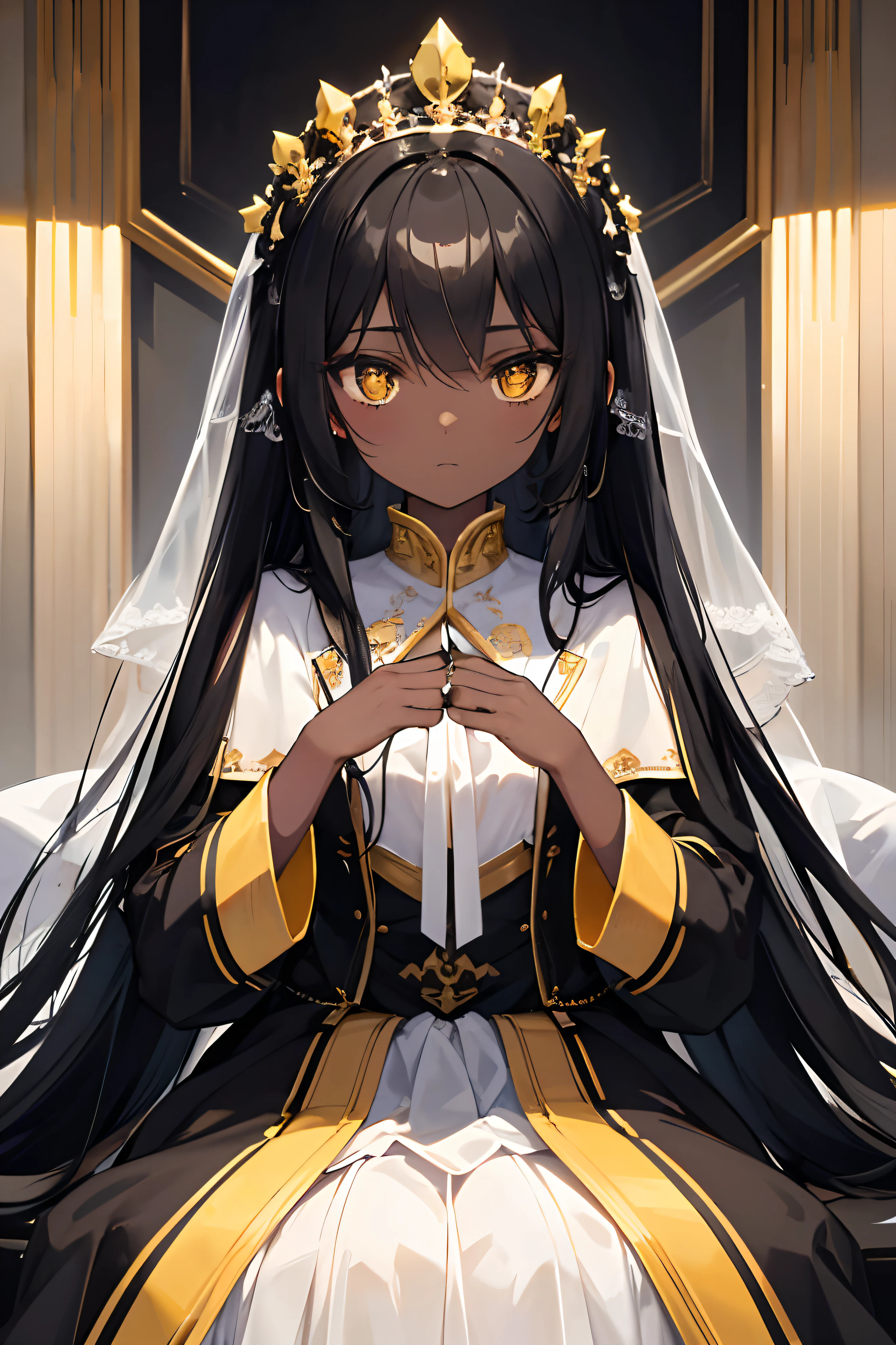 Solo,Black skin,Yellow pupils,Black hair,long whitr hair,Royal Sister,detail in face,The beauty of light and shadow,wedding gown,Waiting to get married