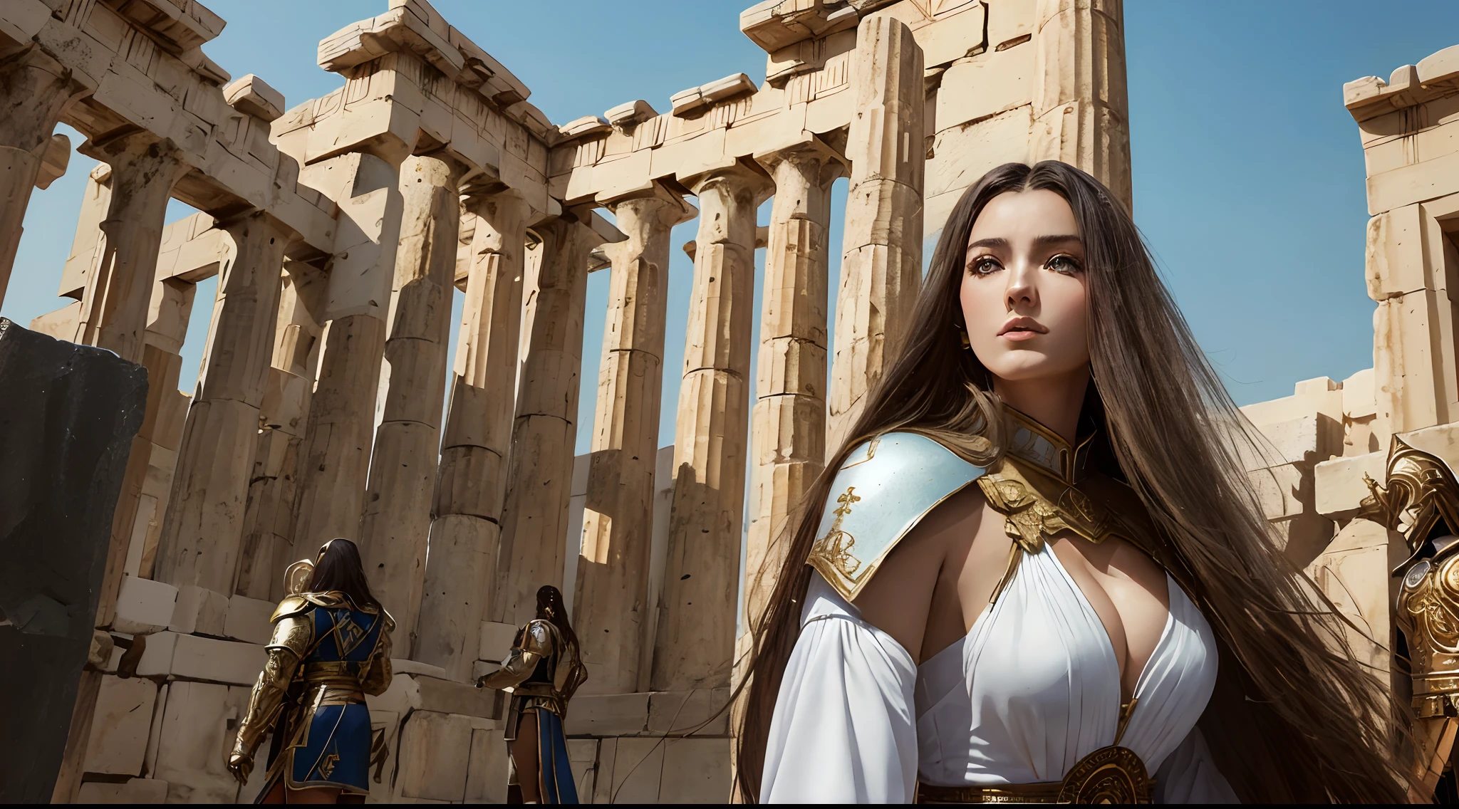 tmasterpiece,top-quality,best qualityer,((photorealestic:1.9)),(femele:1.4),(Large breasts),warrioress,Heavy armor,In the background is a Greek temple,dramatics,(magia:1.8),Mysterious symbol,half-body portrait