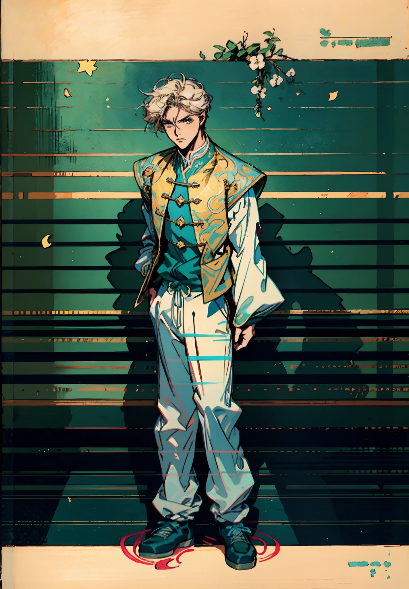 A man with short golden hair, hair standing straight up, a long tuft of bangs, thick eyebrows, a melancholic gaze, a square-shaped face, wears a Chinese-style wide-sleeved undershirt, over which he layers an open-front Dao robe, a color scheme of green and blue and yellow and white, he wears plain trousers and coarse cloth shoes, against the backdrop of a star-studded night sky, this character embodies a finely crafted fantasy-style Chinese martial artist character in anime style, characterized by an exquisite and mature manga illustration art style, full body character drawing, high definition, best quality, highres, ultra-detailed, ultra-fine painting, extremely delicate, professional, anatomically correct, symmetrical face, extremely detailed eyes and face, high quality eyes, creativity, RAW photo, UHD, 8k, Natural light, cinematic lighting, masterpiece:1.5