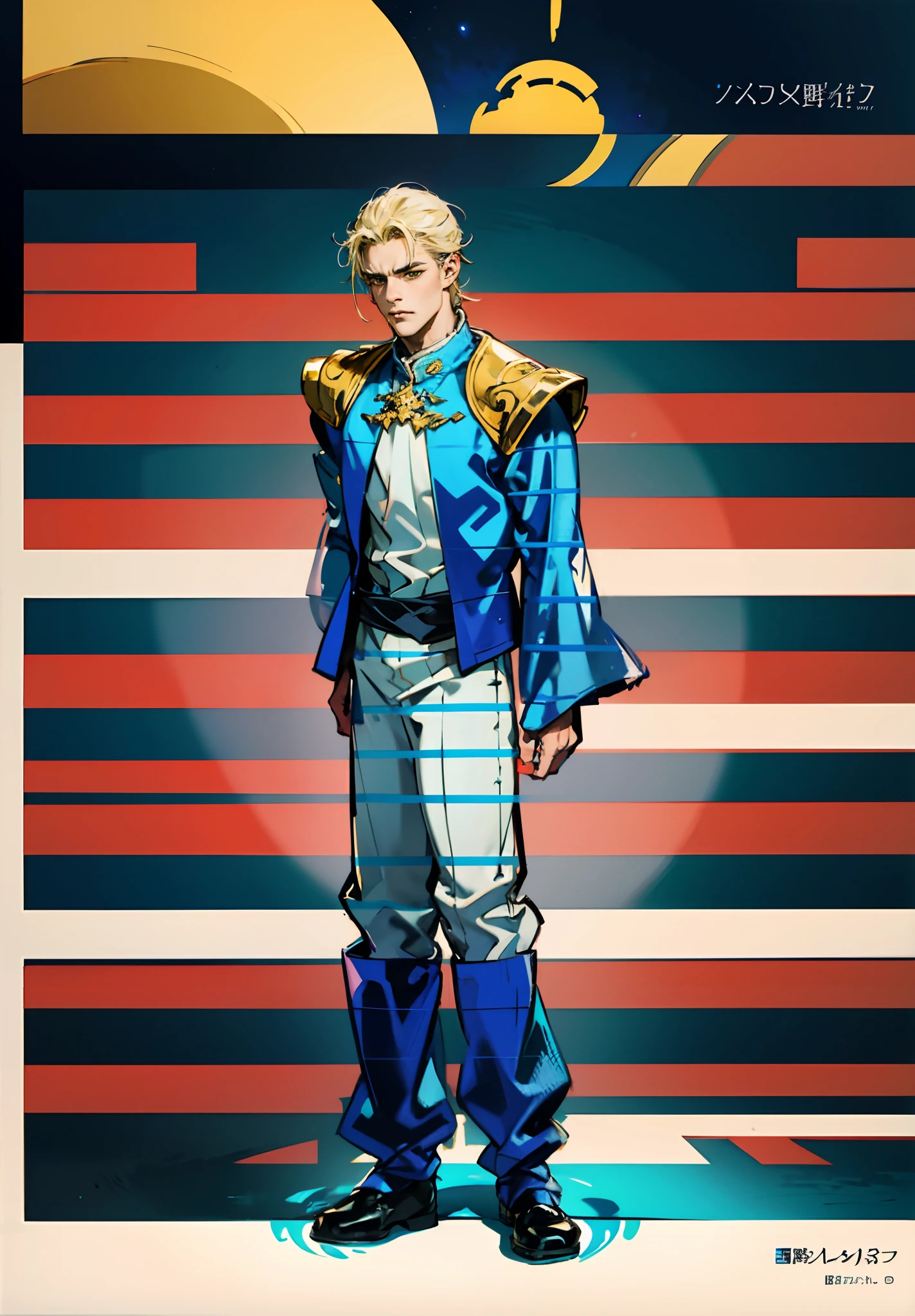 A man with short golden hair, hair standing straight up, a long tuft of bangs, thick eyebrows, a melancholic gaze, a square-shaped face, wears a Chinese-style wide-sleeved undershirt, over which he layers an open-front Dao robe, a color scheme of green and blue and yellow and white, he wears plain trousers and coarse cloth shoes, against the backdrop of a star-studded night sky, this character embodies a finely crafted fantasy-style Chinese martial artist character in anime style, characterized by an exquisite and mature manga illustration art style, full body character drawing, high definition, best quality, highres, ultra-detailed, ultra-fine painting, extremely delicate, professional, anatomically correct, symmetrical face, extremely detailed eyes and face, high quality eyes, creativity, RAW photo, UHD, 8k, Natural light, cinematic lighting, masterpiece:1.5