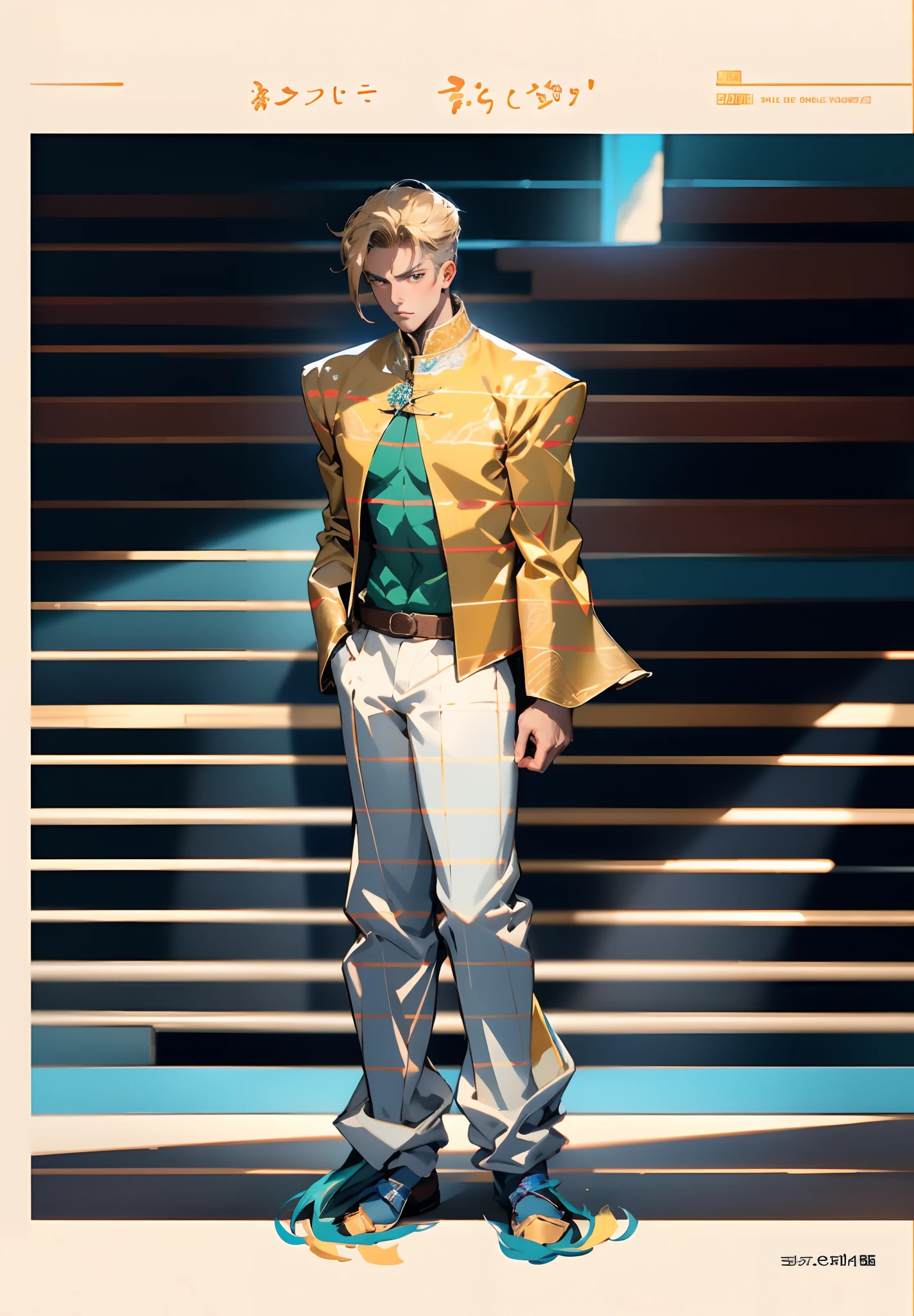 A man with short golden hair, hair standing straight up, a long tuft of bangs, thick eyebrows, a melancholic gaze, a square-shaped face, wears a Chinese-style wide-sleeved undershirt, over which he layers an open-front Dao robe, a color scheme of green and blue and yellow and white, he wears plain trousers and coarse cloth shoes, against the backdrop of a star-studded night sky, this character embodies a finely crafted fantasy-style Chinese martial artist character in anime style, characterized by an exquisite and mature manga illustration art style, full body character drawing, high definition, best quality, highres, ultra-detailed, ultra-fine painting, extremely delicate, professional, anatomically correct, symmetrical face, extremely detailed eyes and face, high quality eyes, creativity, RAW photo, UHD, 8k, Natural light, cinematic lighting, masterpiece:1.5