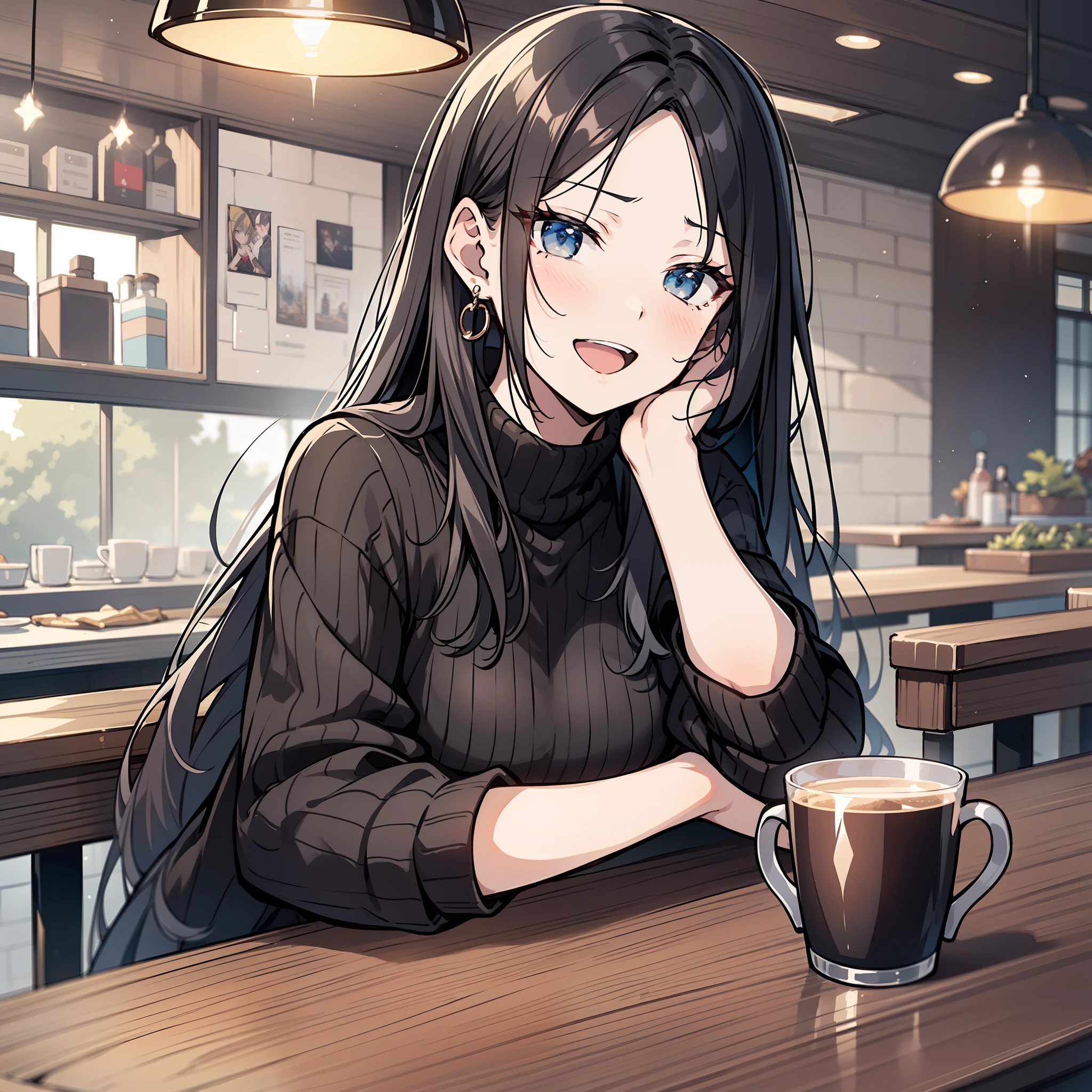 A beauty with long black hair,wearing a black sweater,Sit at a table in an upscale café(Sneer 1.5)(Open mouth 1.5)(The background is in an upscale café:1.5),Anime style 4K,Anime rendering,style of anime,8K fineness,(Upper body display:1.5)(Cinematic lighting:1.5)Middle-aged woman 1.5