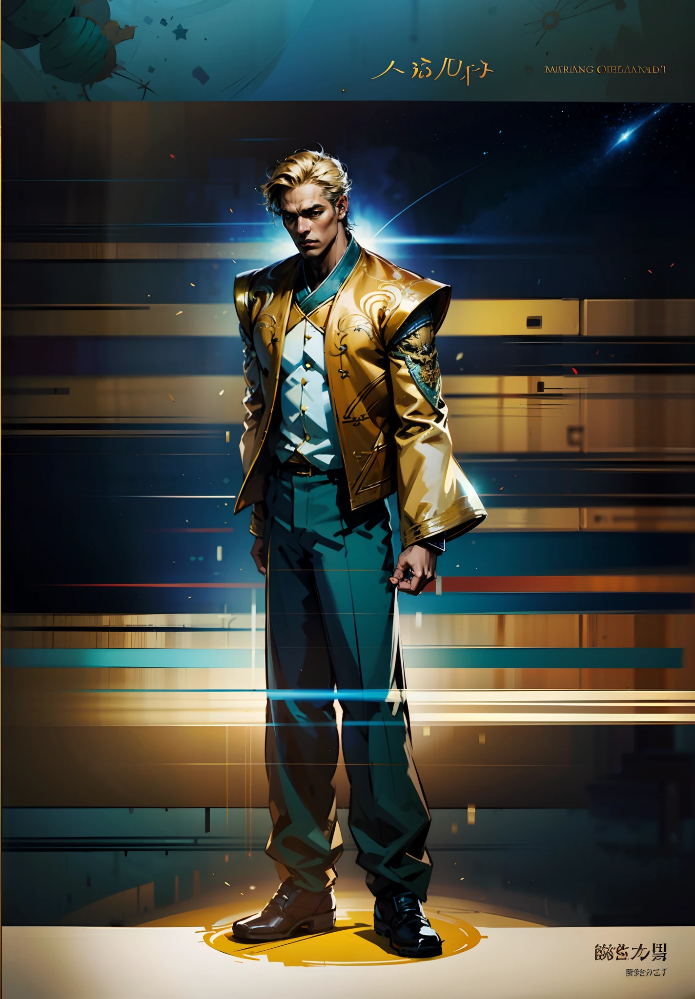 A man with short golden hair, hair standing straight up, a long tuft of bangs, thick eyebrows, a melancholic gaze, a square-shaped face, wears a Chinese-style wide-sleeved undershirt, over which he layers an open-front Dao robe, a color scheme of green and blue and yellow and white, he wears plain trousers and coarse cloth shoes, against the backdrop of a star-studded night sky, this character embodies a finely crafted fantasy-style Chinese martial artist character in anime style, characterized by an exquisite and mature manga illustration art style, full body character drawing, high definition, best quality, highres, ultra-detailed, ultra-fine painting, extremely delicate, professional, anatomically correct, symmetrical face, extremely detailed eyes and face, high quality eyes, creativity, RAW photo, UHD, 8k, Natural light, cinematic lighting, masterpiece:1.5