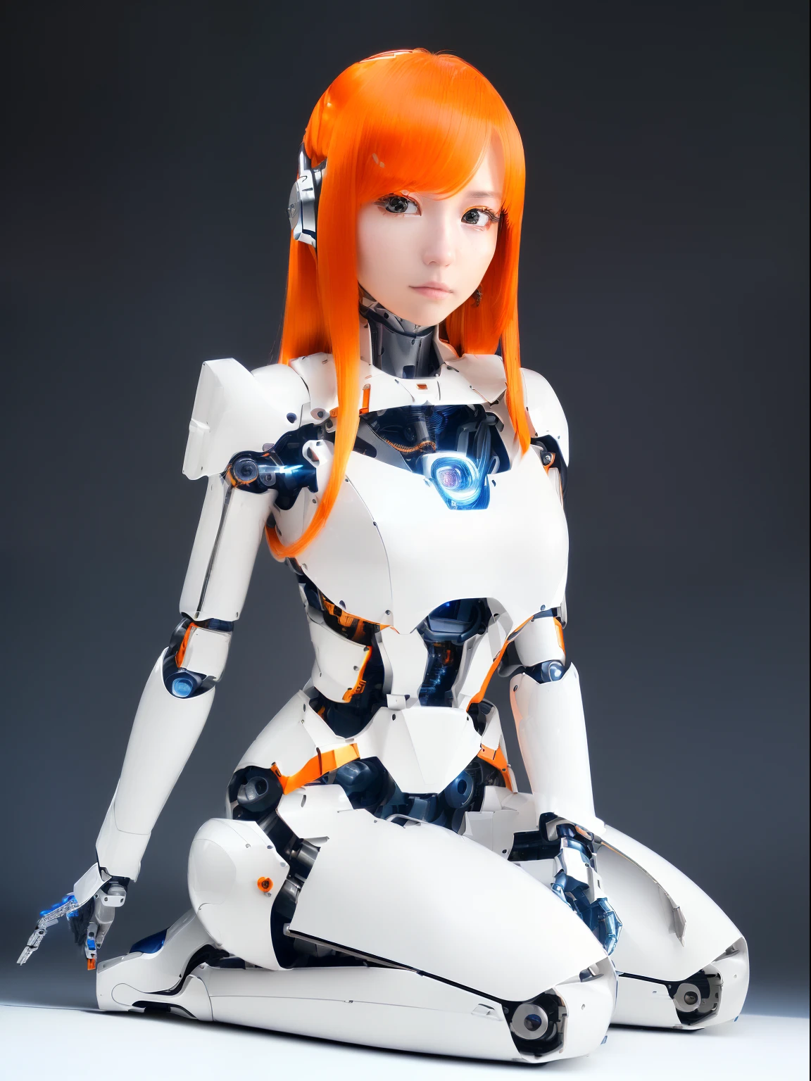 ((masutepiece)), ((top-quality), high quarity、ultra-definition, Realistic, fulcolor 、One beautiful robot woman、Joints of machines、Frame of the machine、Thick wire joints、White porcelain mechanical armor、(Curvaceous face)、deadpan、Orange Straight Hair、((Electronic substrate))、Get on your knees、Take photos from head to knee
