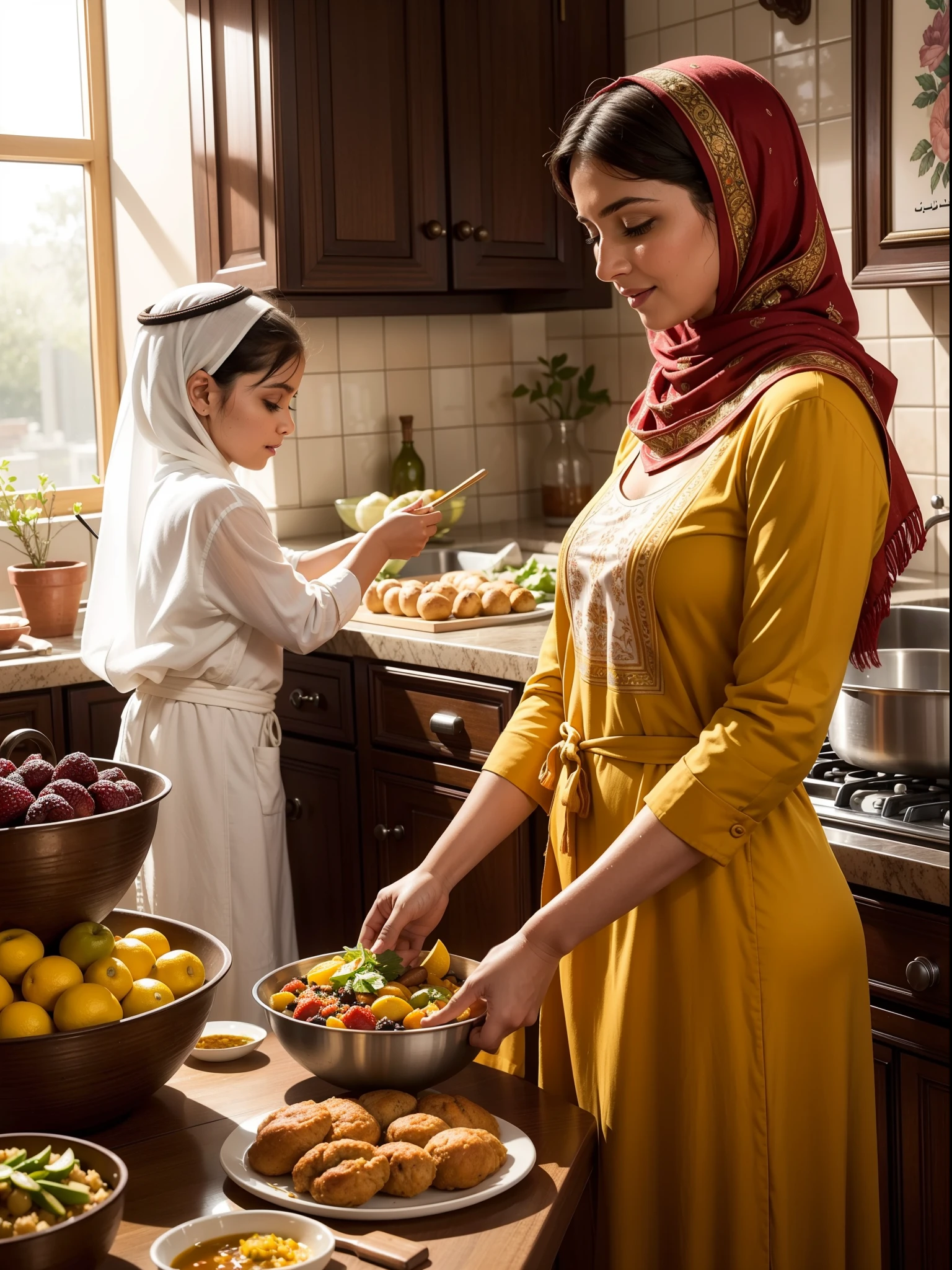 (best quality,4k,8k,highres,masterpiece:1.2),ultra-detailed,(realistic,photorealistic,photo-realistic:1.37),mature arabian mom cooking in kitchen,midday sunlit,optimistic vibes,traditional arabian clothing,ornate kitchenware and utensils,warm and inviting atmosphere,natural sunlight streaming through windows,aromatic spices,pots and pans sizzling,hint of saffron color palette,midday shadows,beautifully patterned mosaic tiles,delicious aroma filling the air,colorful ingredients in glass jars,homely and welcoming ambience,plentiful fresh fruits and vegetables on display,arabian calligraphy on the walls,sunlight casting intricate shadows,traditional arabian music playing softly in the background,lovingly prepared family recipe passed down through generations,joyful moments shared between mother and child,authentic arabian flavors embraced with a modern twist,abundance and richness of arabian culture celebrated in every dish,unforgettable taste of home.