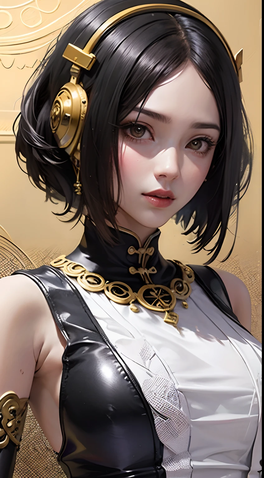 (tmasterpiece,top Quority,best qualtiy,offcial art,Beautiful and aesthetic:1.2),(1girl huge large breasts),waist - up,Tang suit,Hanfu,cyber punk style,mechs,Extremely detailed,Colorful,highestdetailed,offcial art,统一 8k 壁纸,ultra-detailliert,Beautiful and aesthetic,beatifull,tmasterpiece,best qualtiy,(Zentangle,a Mandala,Tangles,Entangled),Sacred Radiance,gold foil,Gold leaf art,glitter drawing,PerfectNwsjMajic、Shorthair