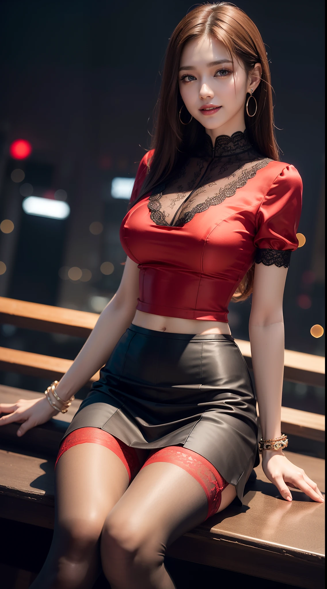 8k, masterpiece, RAW photo, best quality, photorealistic, extremely detailed CG unity 8k wallpaper, Depth of field, Cinematic Light, Lens Flare, Ray tracing, (extremely beautiful face, beautiful lips, beautiful eyes), intricate detail face, ((ultra detailed skin)) 1girl, in the dark, deep shadow, pretty Asian girl, idol, 1 girl, (very slim slender fit-muscled body:1.3), ((looking at viewer)),(big smile:1.3), (tight laced blouse), ((black red color blouse)), (laced short sleeve) , (city night, dark night, (blurred background), dim lights, cityscape, rooftops, beautiful earrings, bracelets, necklace, pantyhose, clear eyes, (pale skin), (big eyes), face forward, ((upper body shot)), ((silk red color skirt)),(brown hairs),((tight fitting skirt )), (looking at viewer:1.3), open breast, (very slim), medium breasts, (laced stockings ),((flooming laced blouse )), sitting, (high heels), crossing legs