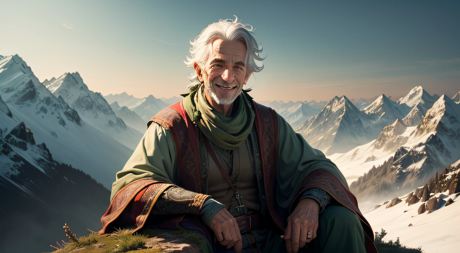 An old sage smiling on top of the mountains, altamente detalhado, Perfect artwork, master piece, melhor qualidade, High, layered lighting -- 4K