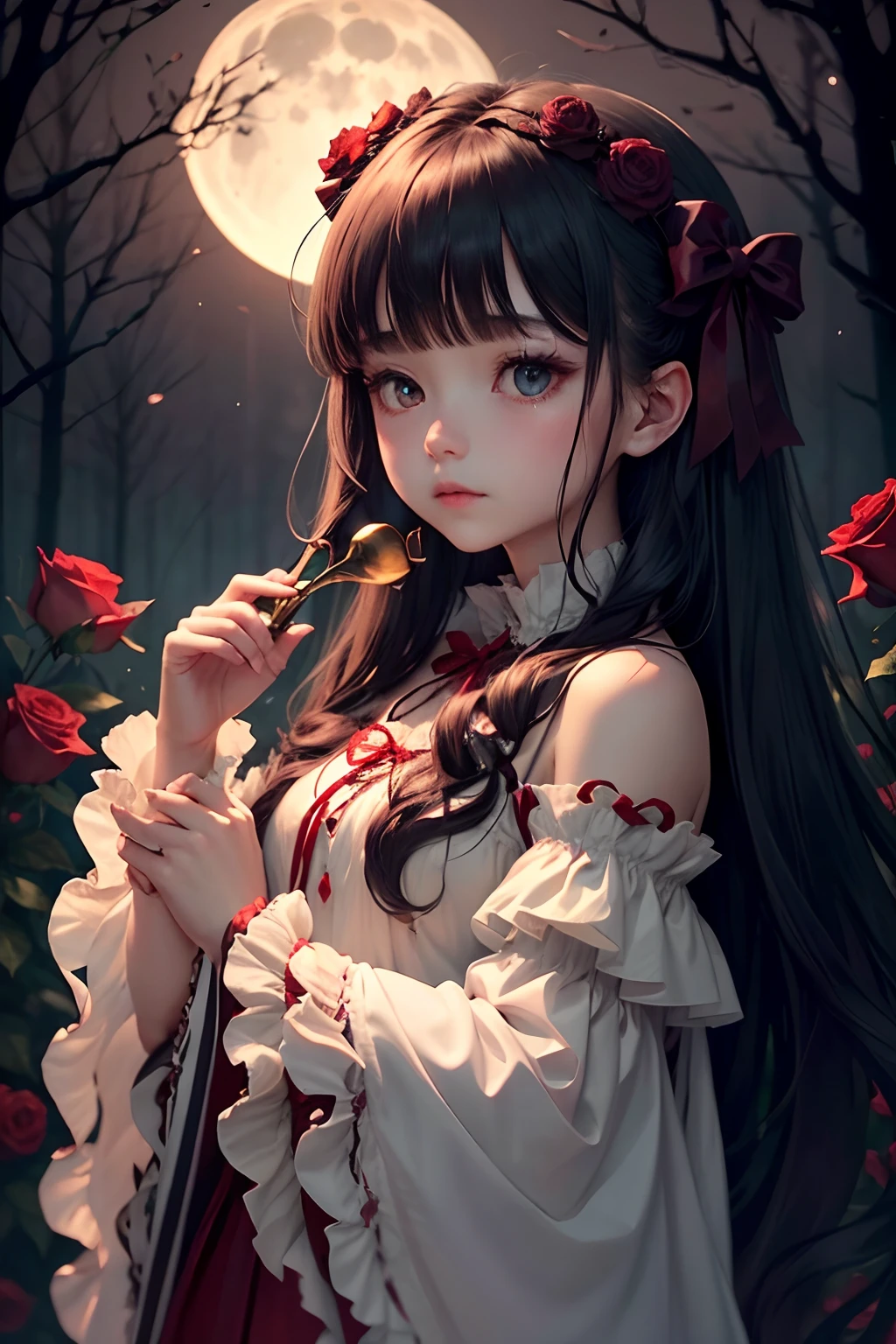 Dark and eerie forest、Full moon in the night sky、Scattering Red Roses、Trumpet Sleep、Ruffled sleeves、Wide open sleeves at the wrist、nobles、Big bright eyes、fleeting、bow ribbon、Straight Long Hair、