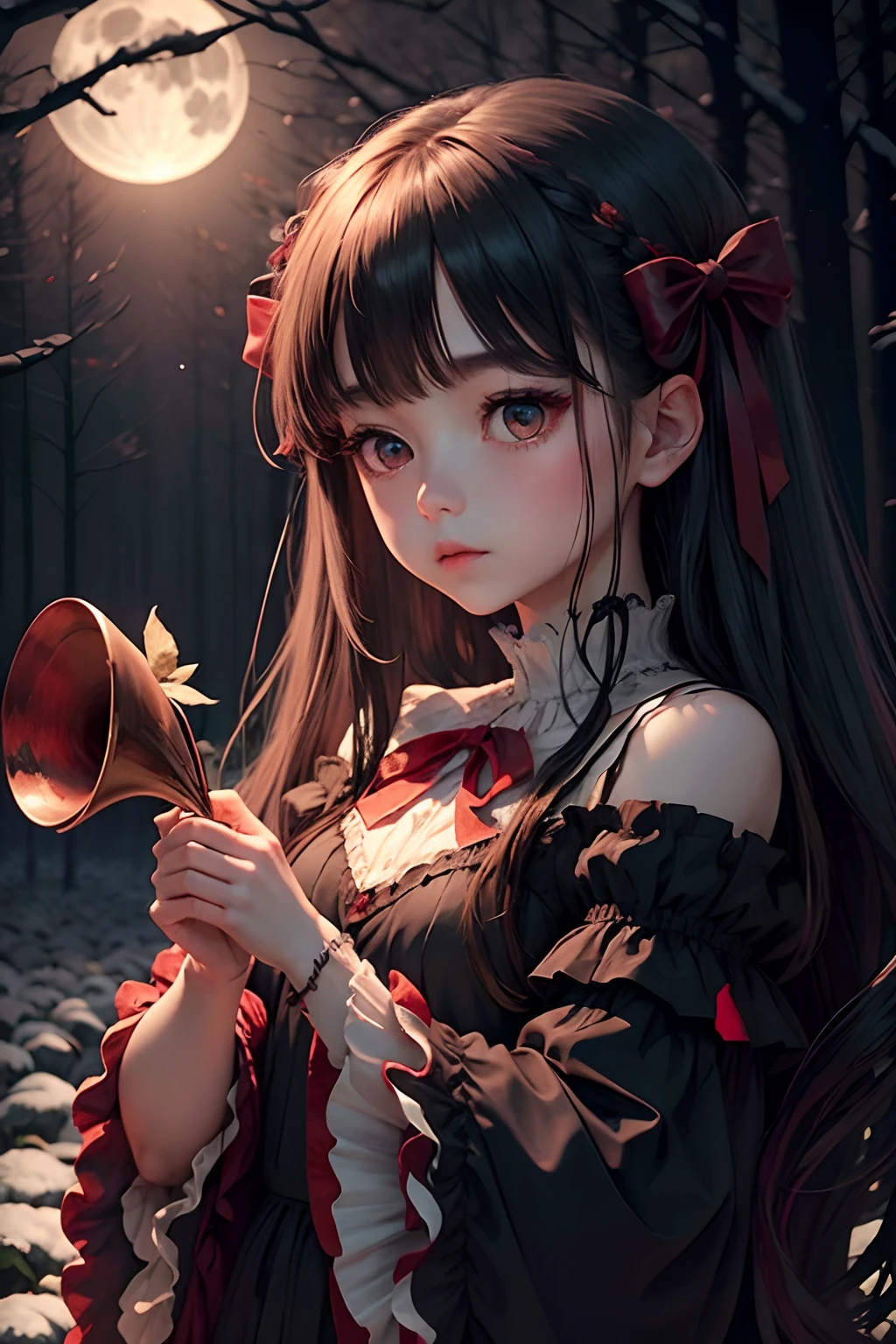 Dark and eerie forest、Full moon in the night sky、Scattering Red Roses、Wrist Trumpet Sleep、Ruffled sleeves、Wide open sleeves at the wrist、nobles、Big bright eyes、fleeting、bow ribbon、Straight Long Hair、