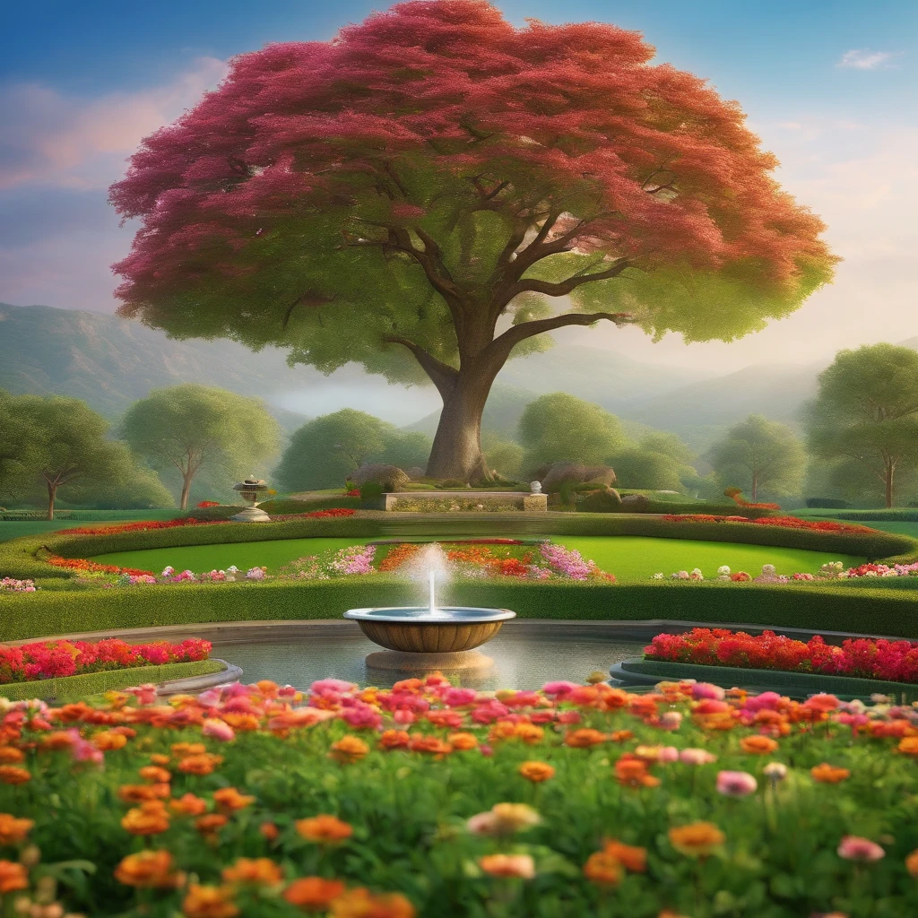 Scenic green field with trees lining the sides , adorned with a colorful vibrant flowers. with a Zen garden and fountain and huge oak tree and small birds