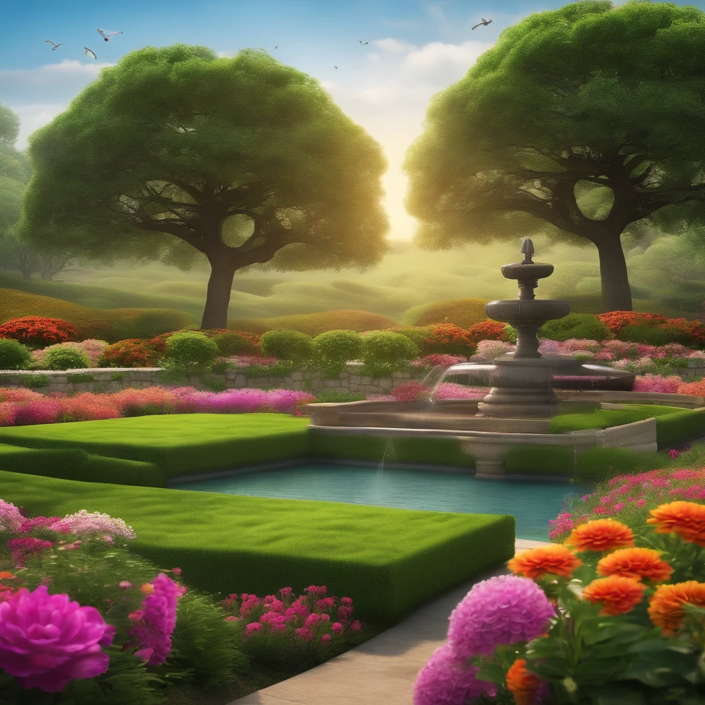 Scenic green field with trees lining the sides , adorned with a colorful vibrant flowers. with a Zen garden and fountain and huge oak tree and small birds