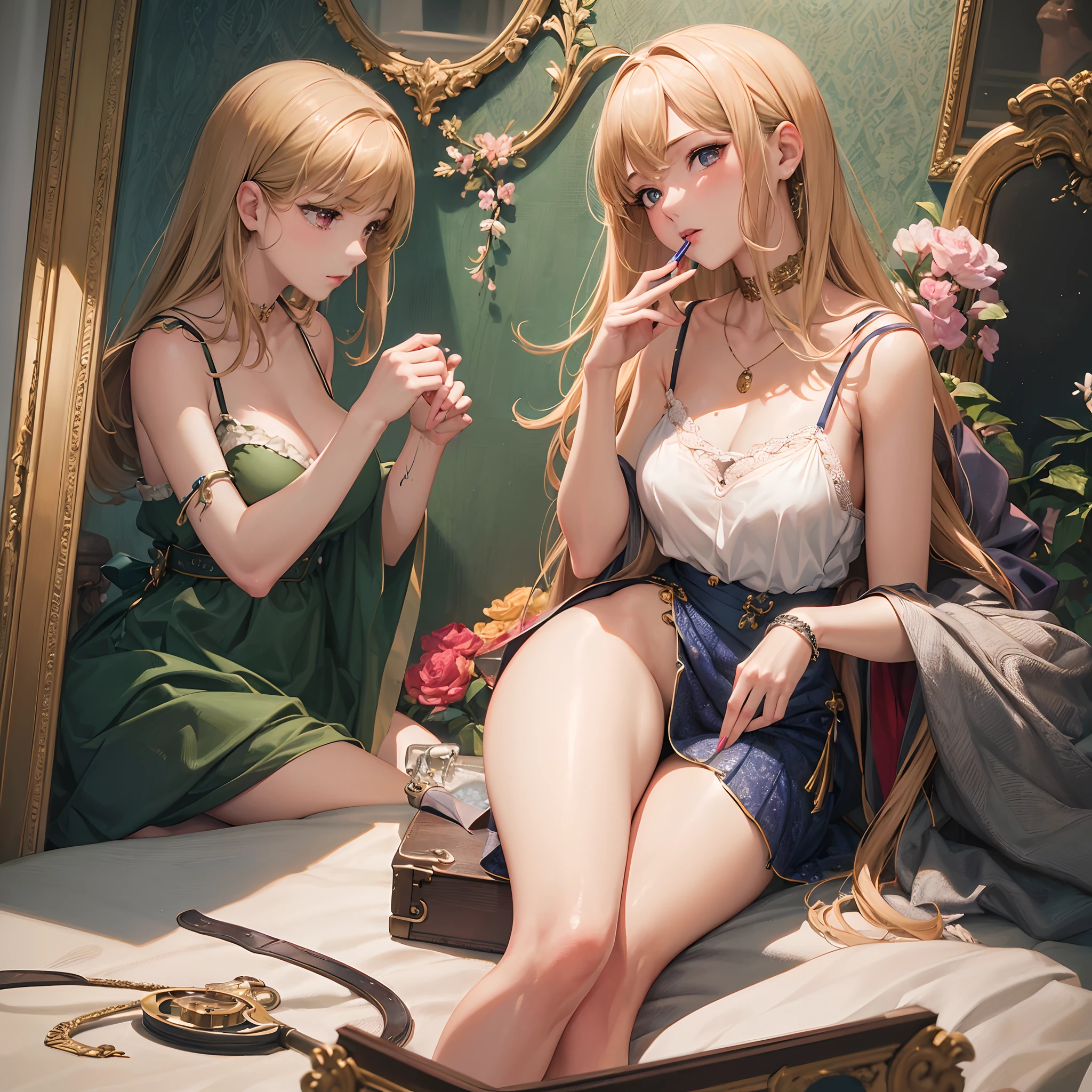 ((Finest quality)),(超A high resolution),(ultra-detailliert),(Meticulous portrayal),((Best Anime)),(Finest works of art),sharpnes,Clair, (Woman in a camisole),Applying lipstick,Hand holding lipstick