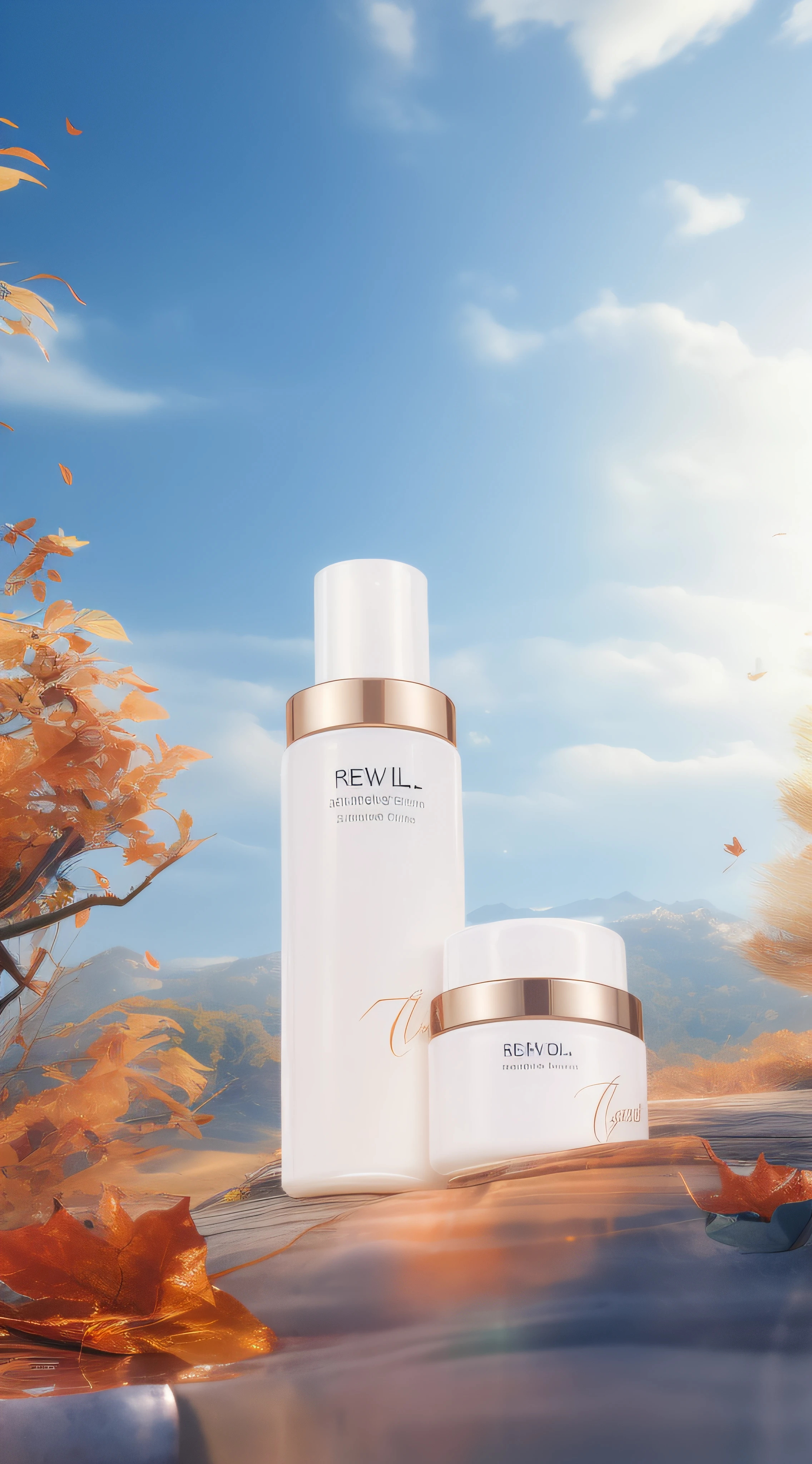 Two bottles of white cream were placed on the table, diffused natural skin glow, su fu, Full body view, Skincare, glistning skin, Banner, photoshoot for skincare brand, Highlight, fall, 4l, skin care, Product photo, new design, smooth glowing skin, author:Rhea Cami, author:Xu Xi, full - view, Dewy skin