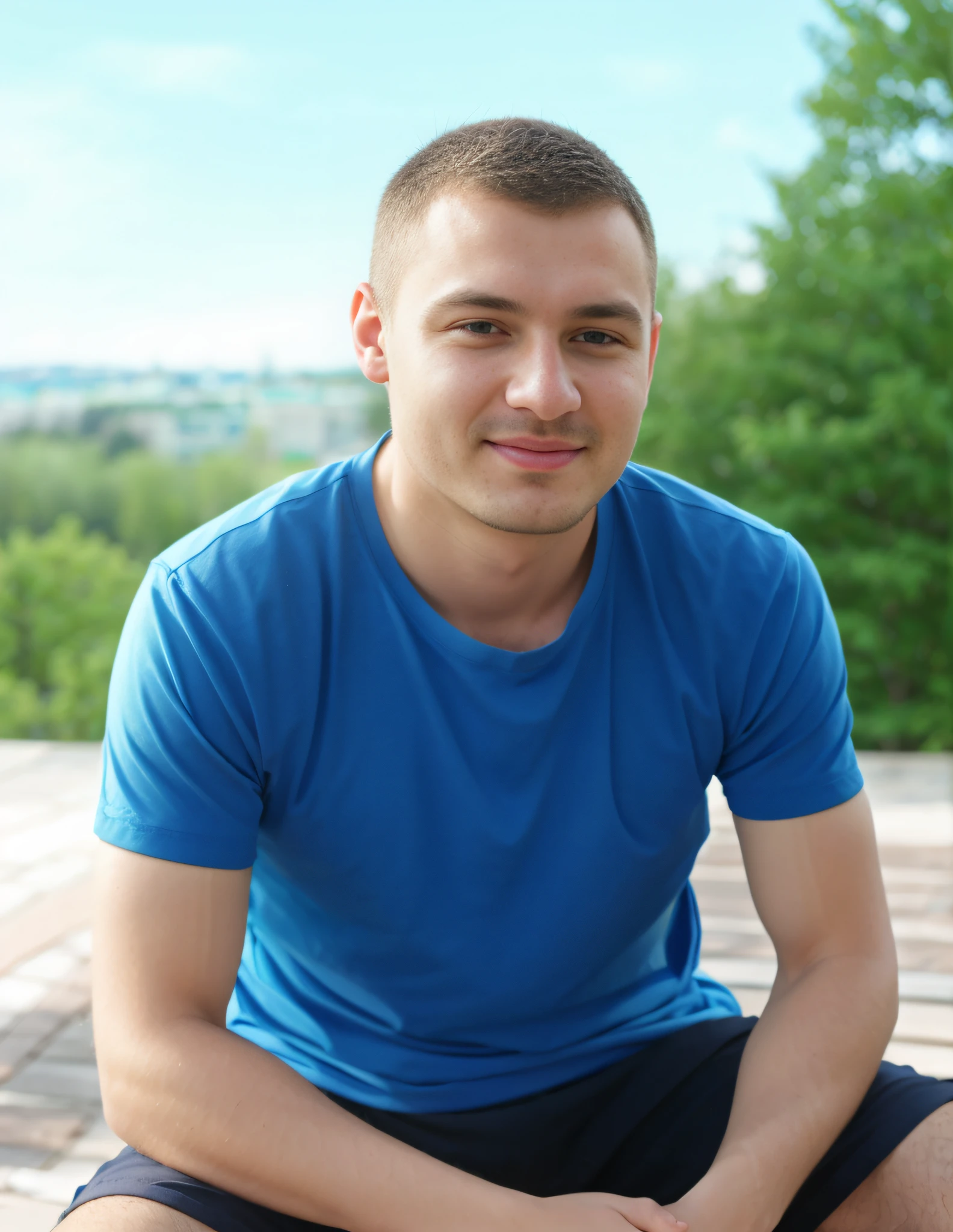 A man in a blue shirt sits on a bench, nikolay, alexey gurylev, by andrey ryabovichev, maxim shirkov, vitaly bulgarov, vitaly bugarov, daniil kudriavtsev, andrei riabovitchevy, andrey surnov, kacper niepokolczycki