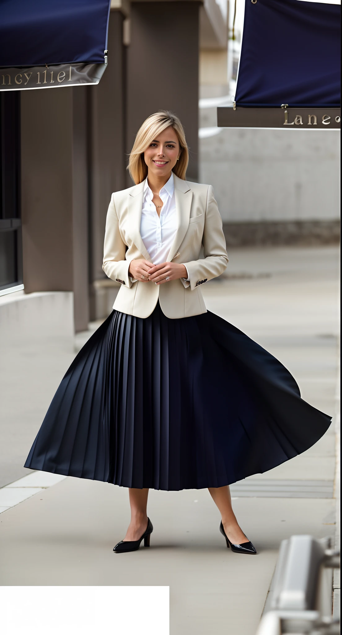 very (seductive:1,9) smiling attractive lesbian woman wearing short blazer and very very detailed (long (fully pleated) full circle skirt) and (simple) low heeled office shoes, very very intricate hyper-detailed symmetric (attractive graceful young feminine face) with (sad, tired eyes and a shy smile), large breasts, full of empathy and compassion and love, (pronounced (feminine) features), (highly detailed ultra accurate realistic) hands and fingers, (windy conditions and wind blowing), epic composition, highly detailed attributes, highly detailed atmosphere, (35mm f1.4 Kodak portra 400 photograph), extremely high quality RAW photograph,