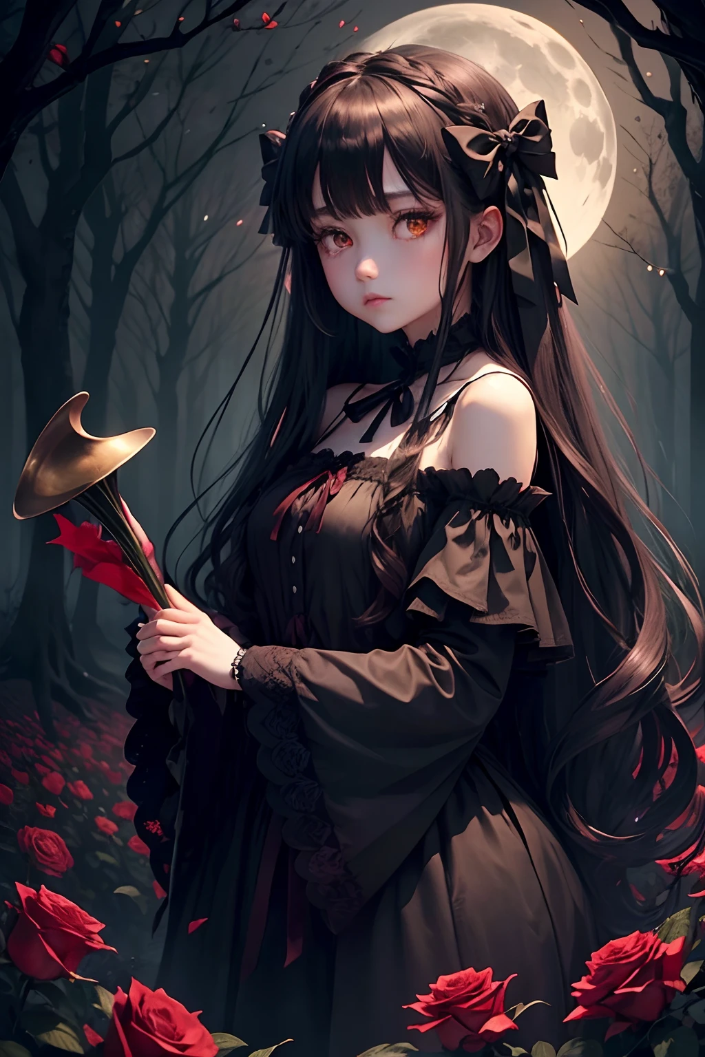 Dark and eerie forest、Full moon in the night sky、Scattering Red Roses、Trumpet Sleep、gothic lorita、Wide open sleeves at the wrist、nobles、Big bright eyes、fleeting、bow ribbon、Straight Long Hair、