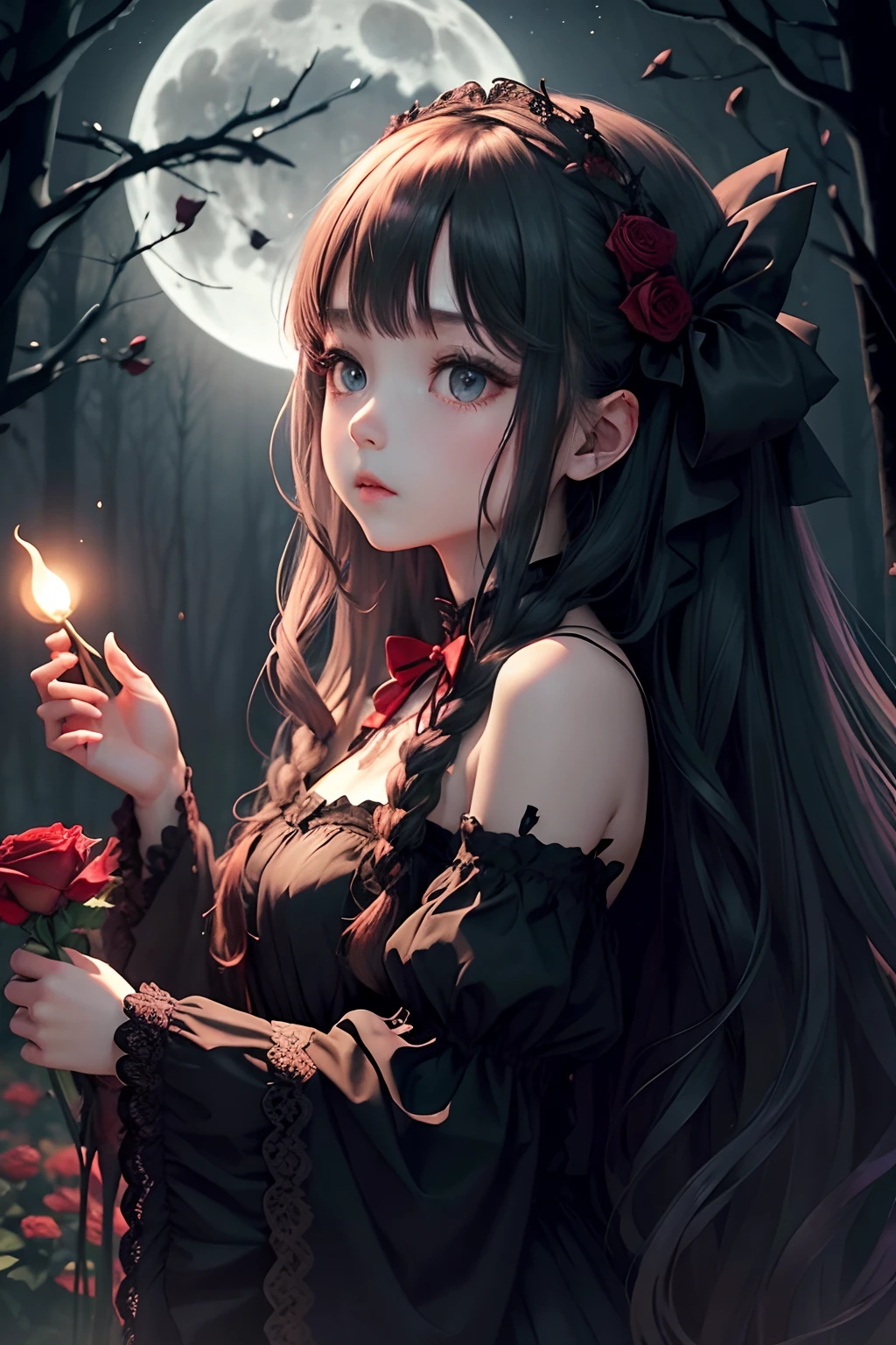 Dark and eerie forest、Full moon in the night sky、Scattering Red Roses、Trumpet Sleep、gothic lorita、Wide open sleeves at the wrist、nobles、Big bright eyes、fleeting、bow ribbon、Straight Long Hair、