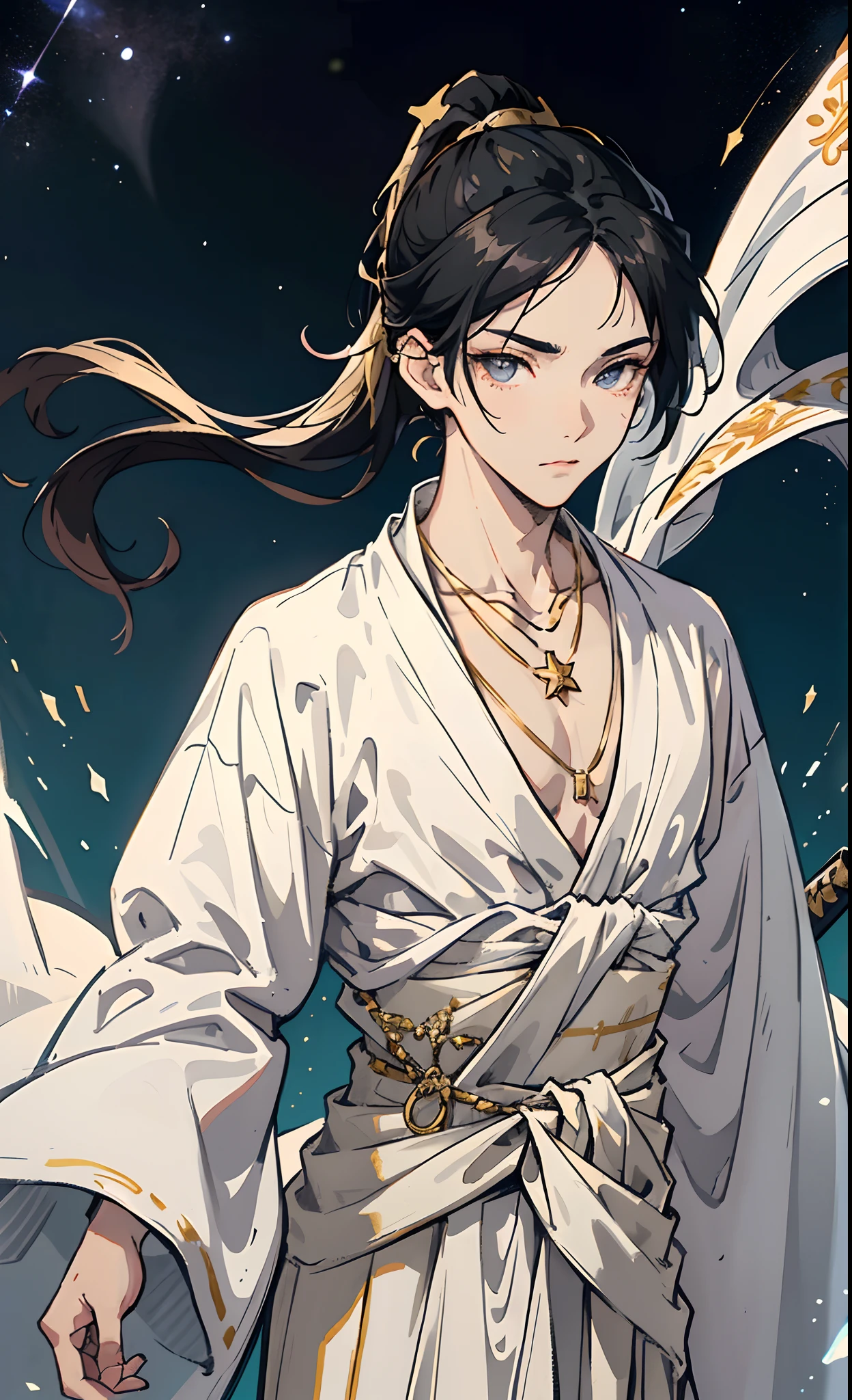 cute face, sword like eyebrows, and starry eyes. He has Black hair that is usually tied up in ponytail. Wears a white robe with gold embroidery and belt around his waist, he also wears a necklace with a pendent, Highly quality, highly texture, highly detailed, semirealist anime, teen boy, only one character