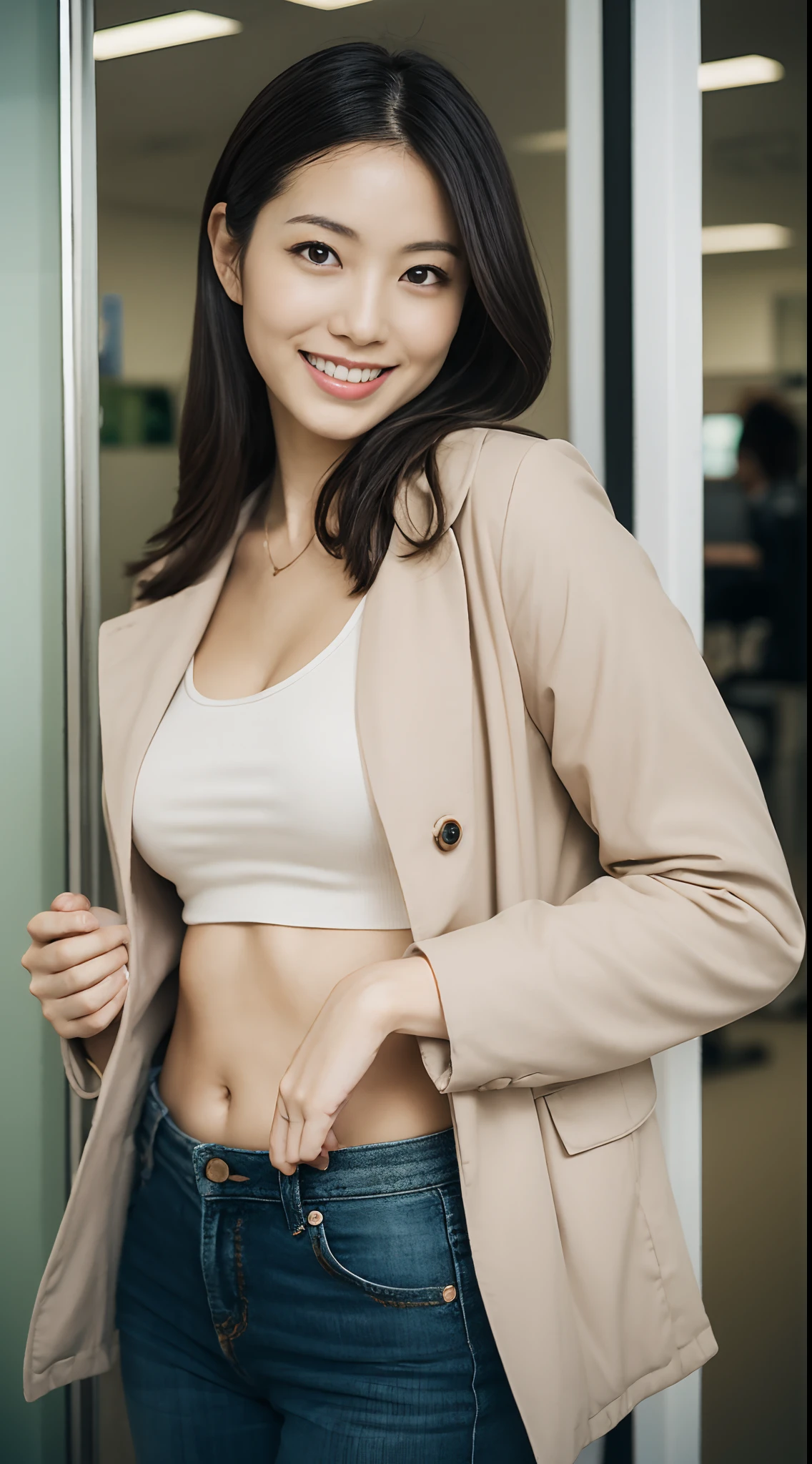 （（（Inside the company）））、Wearing a business jacket,look at the camera with a smile、（Panties:1.5）、woman, 20-year-old, Short Hair,私のPantiesを露出させてください...、(レースのPantiesー)、(Tilt your head a little)、Detailed skin、Detailed skin、Detailed Sweat