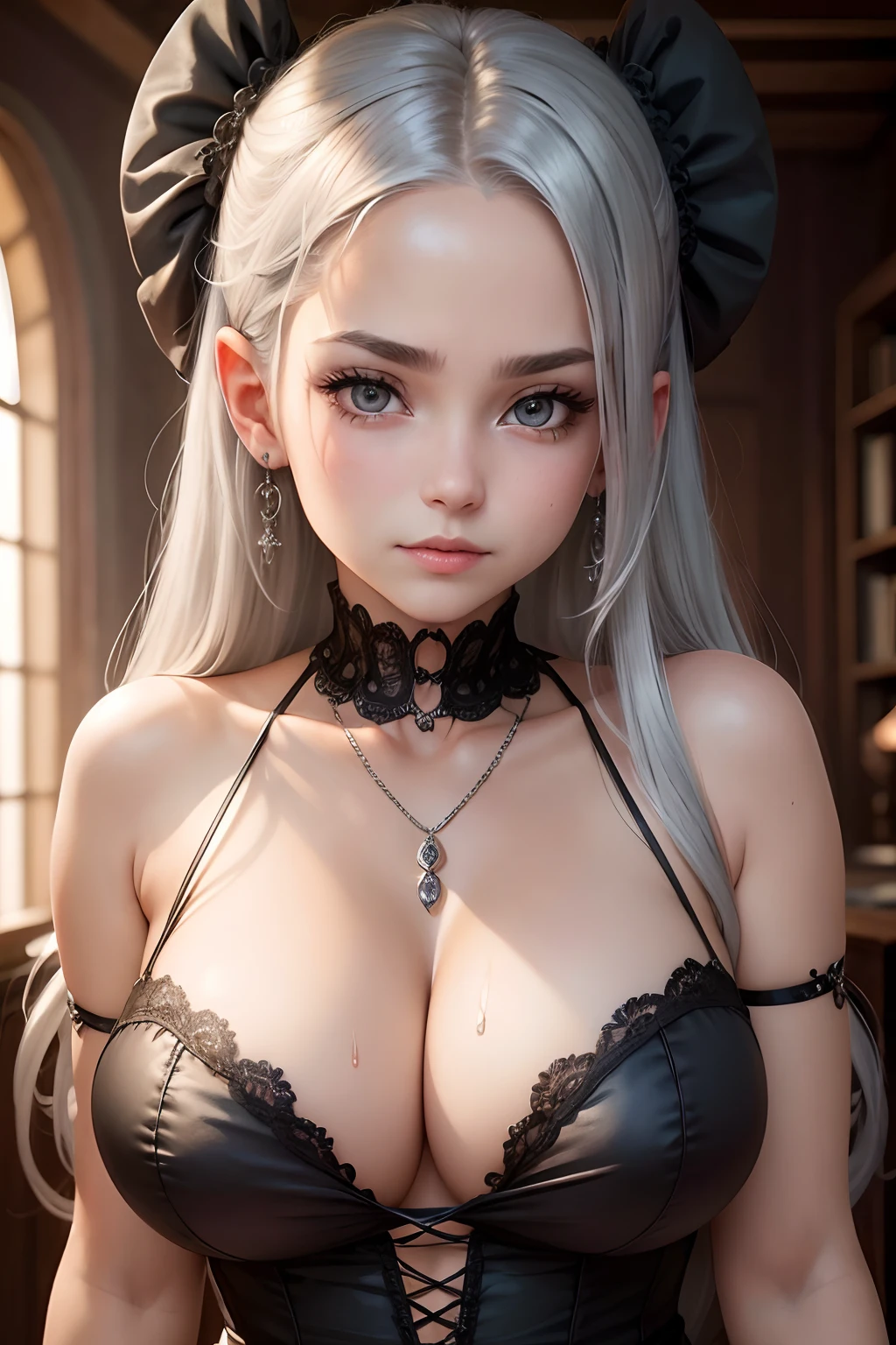 High quality, rich in detail, twin-tailed silver-haired girl posing cutely. They wear vintage Gothic gothic clothes, wearing bracelets, earrings and necklaces. Big are also visible. The photo is a close-up of the face, with cleavage, shiny breasts, sweat in the cleavage, and a sexy vibe.