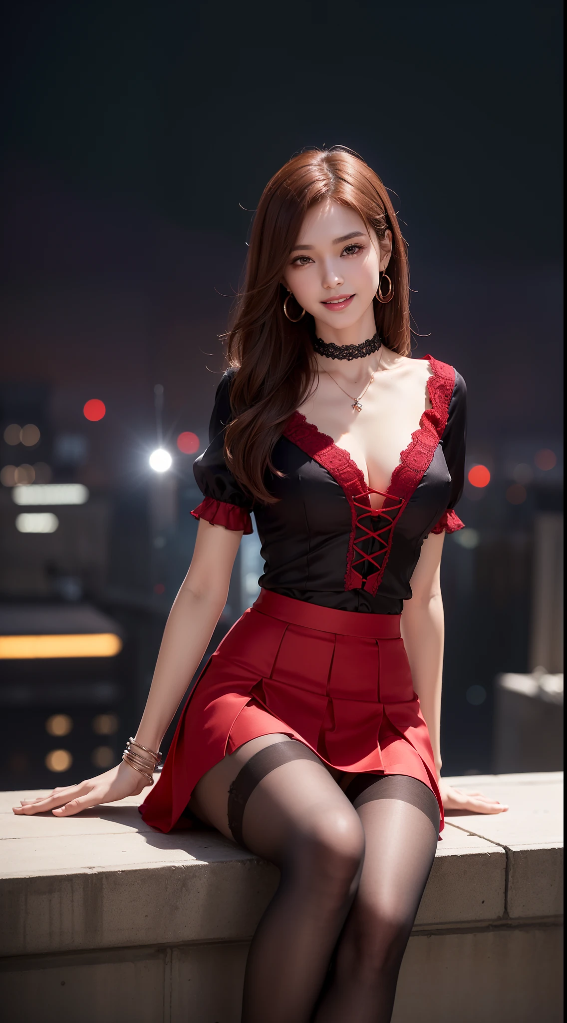 8k, masterpiece, RAW photo, best quality, photorealistic, extremely detailed CG unity 8k wallpaper, Depth of field, Cinematic Light, Lens Flare, Ray tracing, (extremely beautiful face, beautiful lips, beautiful eyes), intricate detail face, ((ultra detailed skin)) 1girl, in the dark, deep shadow, pretty Asian girl, idol, 1 girl, (very slim slender fit-muscled body:1.3), ((looking at viewer)),(big smile:1.3), (tight laced blouse), ((black red color blouse)), (laced short sleeve) , (city night, dark night, (blurred background), dim lights, cityscape, rooftops, beautiful earrings, bracelets, necklace, pantyhose, clear eyes, (pale skin), (big eyes), face forward, ((upper body shot)), ((silk red color skirt)),(brown hairs),((tight fitting skirt )), (looking at viewer:1.3), open breast, (very slim), medium breasts, (laced stockings ),((flooming laced blouse )), sitting, high heels