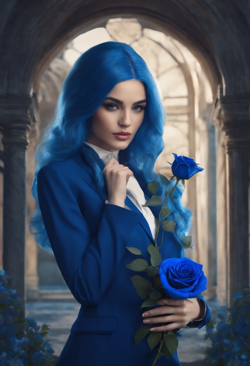 A girl, long blue hair, blue business suit, holding a blue rose in his hands