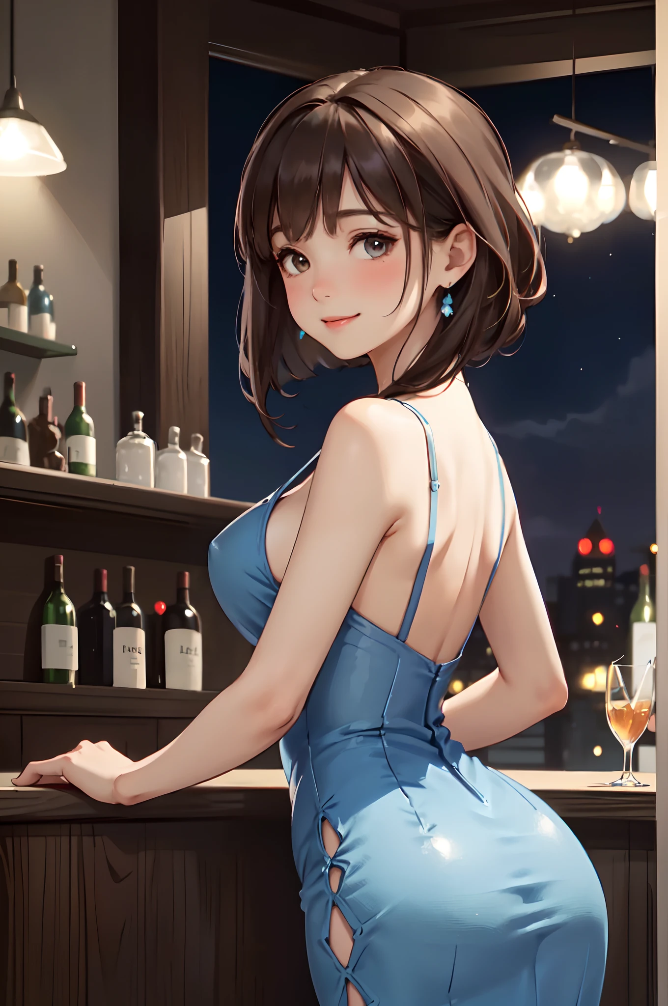 1lady solo, /(looking back from behind/), mature female, /(pencil dress/) /(blue dress/), /(brown hair/) bangs, blush kind smile, (masterpiece best quality:1.2) delicate illustration ultra-detailed, arms down, /(bar counter night/)