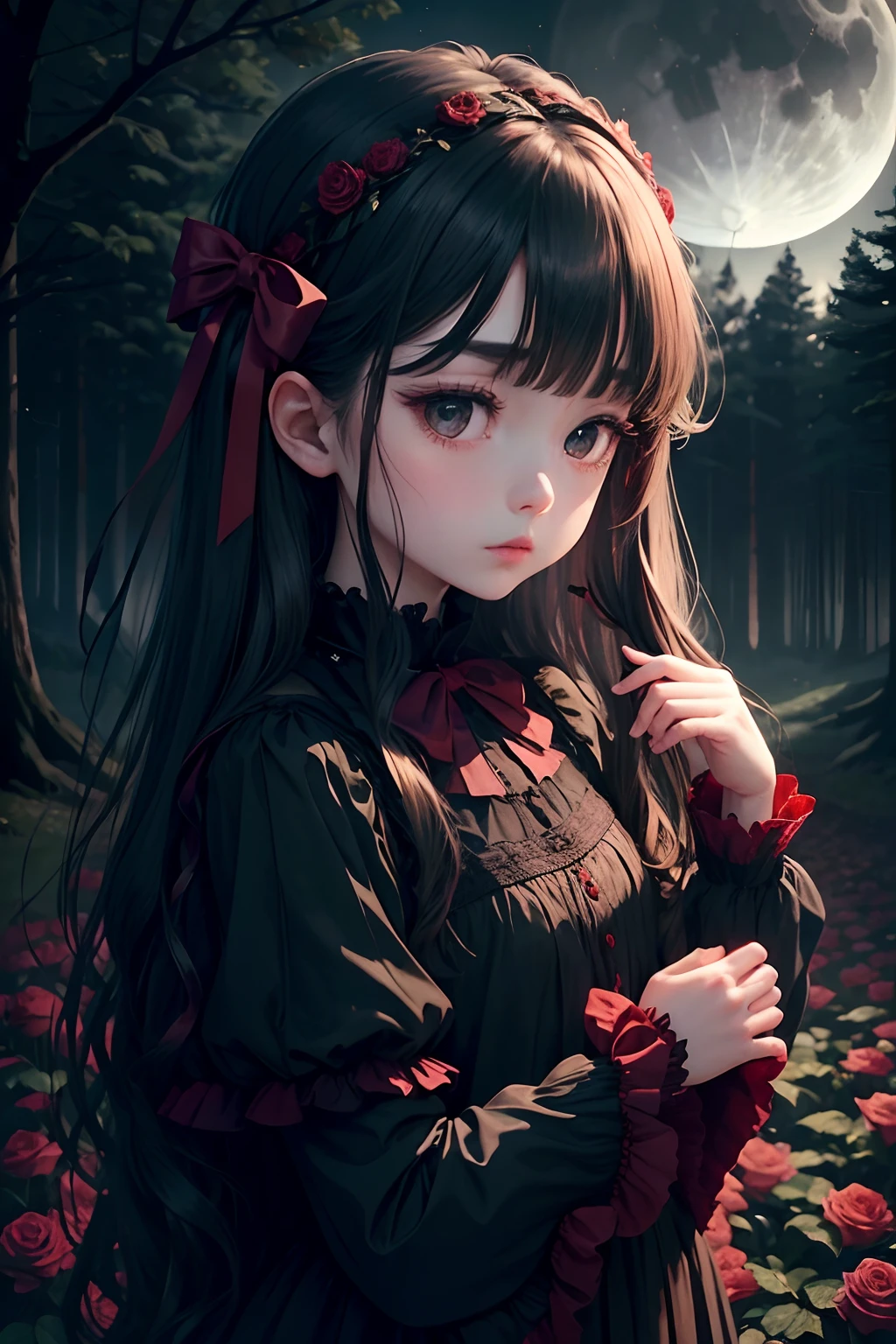 Dark and eerie forest、Full moon in the night sky、Scattering Red Roses、Trumpet Sleep、ta、Wide wrists、nobles、Big bright eyes、fleeting、bow ribbon、Straight Long Hair、