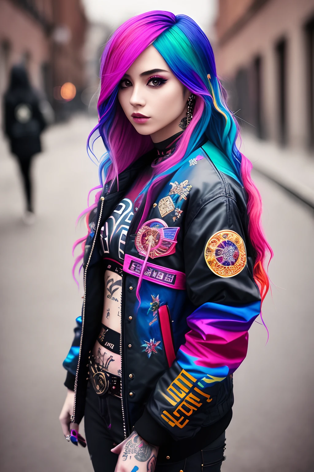 girl, girl, colorful_hair, long_hair, intricate jacket, emo, tattoos, (female focus:1.3), streets, jewelry, (full_body:1.4), (((realistic))), (sharp focus:1.4), masterpiece, high quality, realistic lighting, center of frame,  8k, hdr