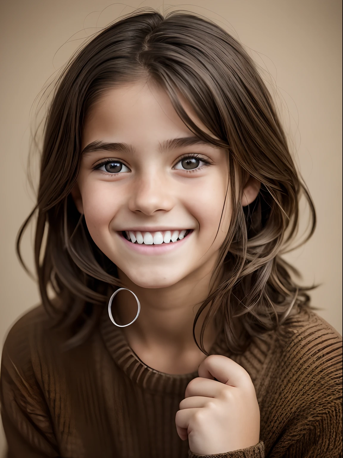 Realistic photo of a 10-year-old girl of European appearance(Yana Poplavskaya in childhood), Severely disheveled, tousled, shaggy shoulder-length brown hair ; Large shiny dark brown eyes, long eyelashes, thick eyebrows, mischievous, Carefree, Carefree, cheerful, mischievous hooligan look, big mouth, large teeth, A wide hooligan grin, grin, pronounced: Chipped corners of the anterior tooth are noticeable; He looks defiantly at the camera from under his eyebrows(a slight tilt of the head forward and down), Plotting a prank;, old leaky stretched brown sweater on naked body, torn jeans, Shoes; Without cosmetics, Unadorned; relaxed Gouging hooligan pose; Professional studio photography with a film SLR camera("Zorkiy-4"), (passport photo), hight resolution, Natural Realistic Detailed Skin Texture, natural lightin, 8K, Texture of the photo card, Maximum photorealism, Realistic clothing textures