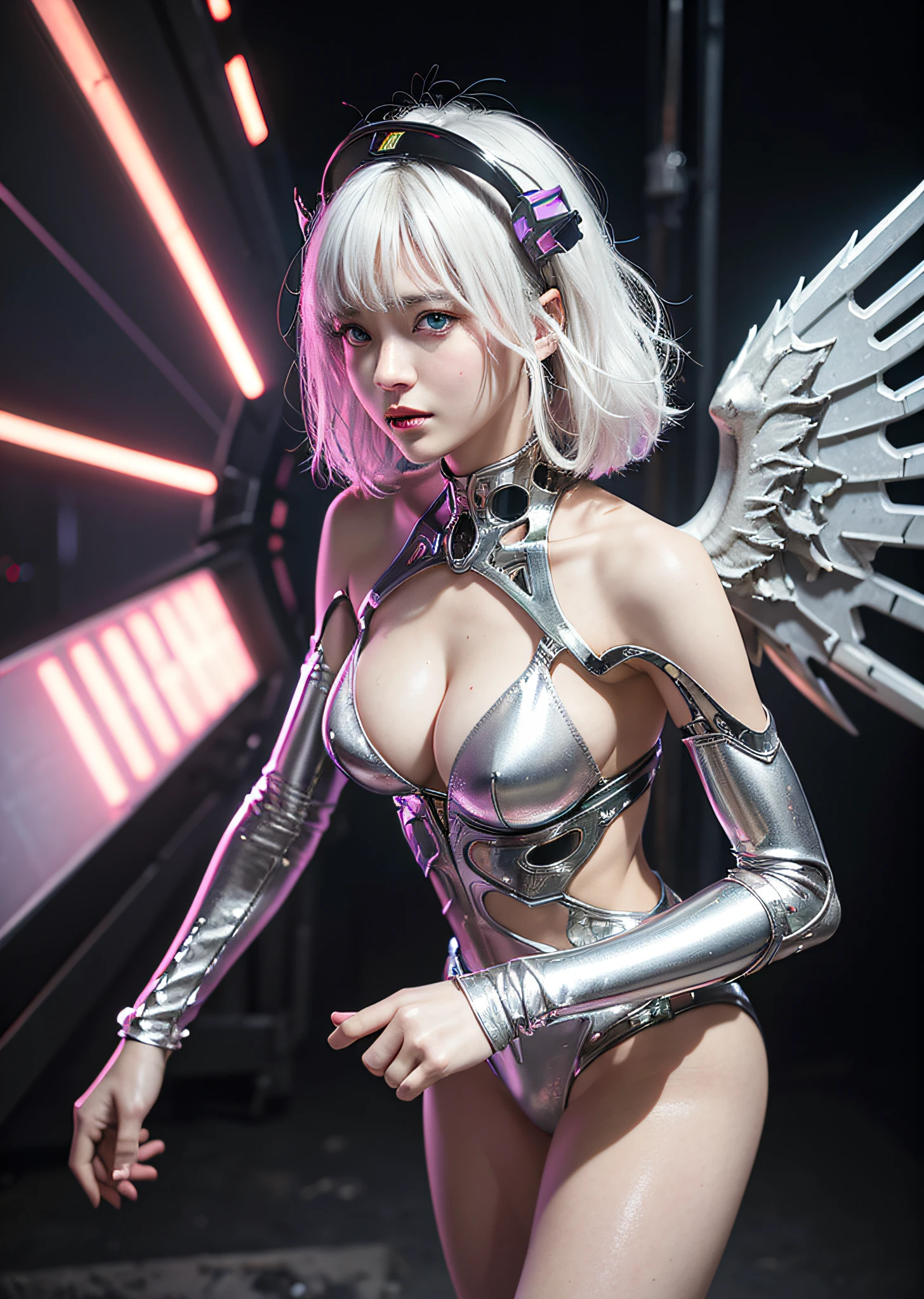 top-quality、masterpiece、超A high resolution、(Photorealsitic:1.4)、Raw photo、Battle Cyborg Angel、large wings made of metal、White porcelain body、Acrylic Clear Cover、white hair、glowy skin、1 Cyborg Girl、((super realistic details))、portlate、globalillumination、Shadow、octan render、8K、ultrasharp、character edge light,Colossal tits、Raw skin is exposed in cleavage、Details of complex ornaments、Double Zeta Gundam Details、Hydraulic cylinder、Small LED lamp、highly intricate detail、Realistic light、a purple eye、radiant eyes、Facing the camera、neon details、cowboy shot、Futuristic headgear、About Cyberpunk、、