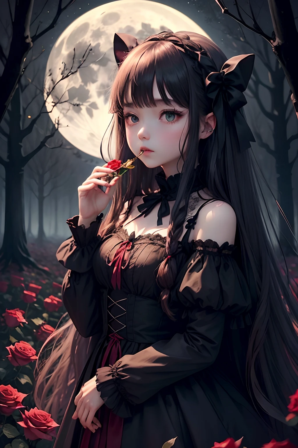 Dark and eerie forest、Full moon in the night sky、Scattering Red Roses、Trumpet Sleep、gothic lorita、Wide wrists、nobles、Big bright eyes、fleeting、bow ribbon、Straight Long Hair、