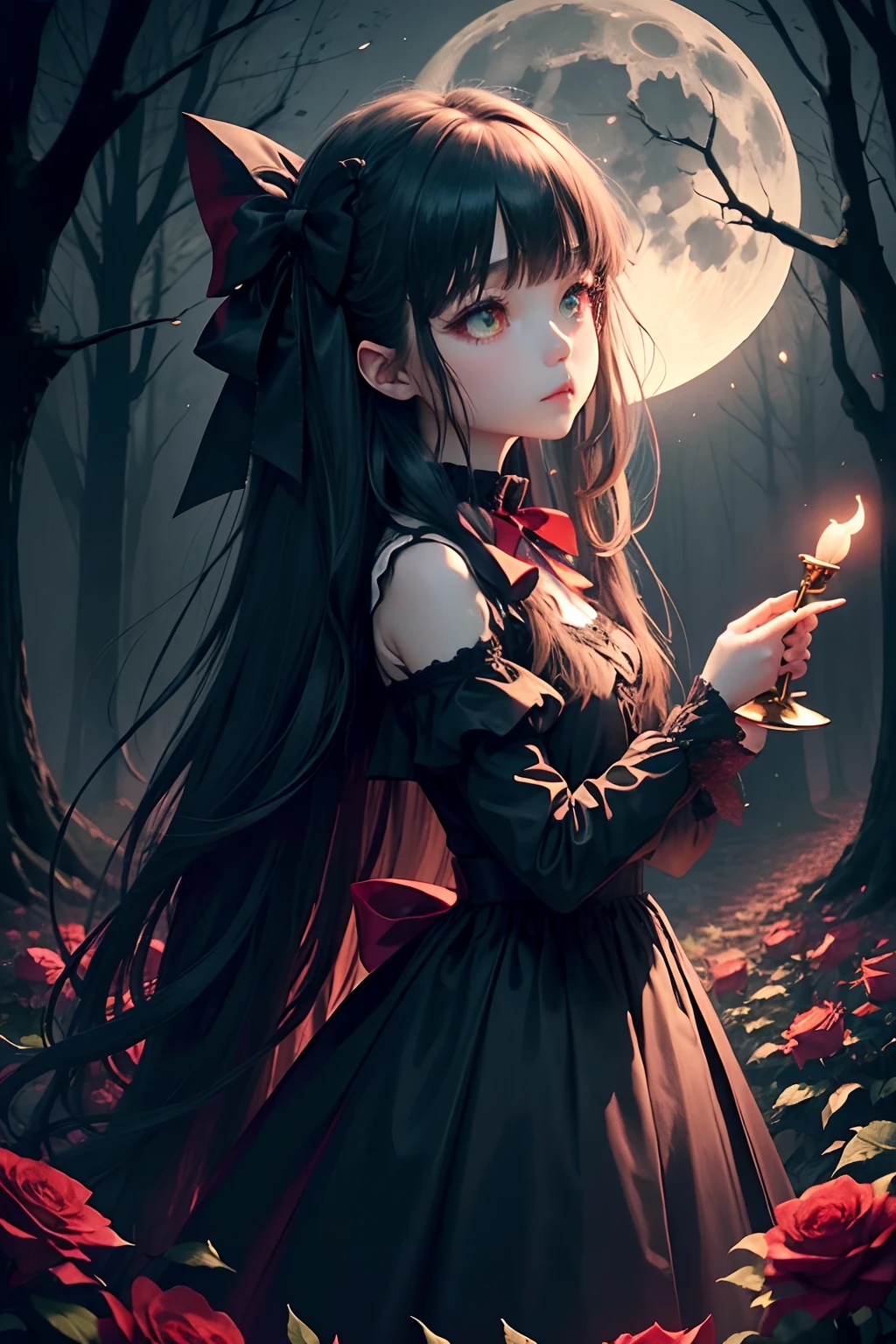 Dark and eerie forest、Full moon in the night sky、Scattering Red Roses、Trumpet Sleep、gothic lorita、Wide wrists、nobles、Big bright eyes、fleeting、bow ribbon、Straight Long Hair、