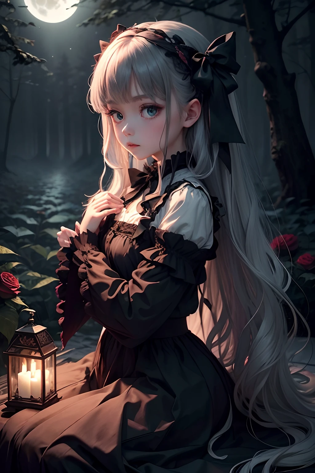 Dark and eerie forest、Full moon in the night sky、Scattering Red Roses、Bell Sleep、gothic lorita、Wide wrists、nobles、Big bright eyes、fleeting、bow ribbon、Straight Long Hair、Leprechaun