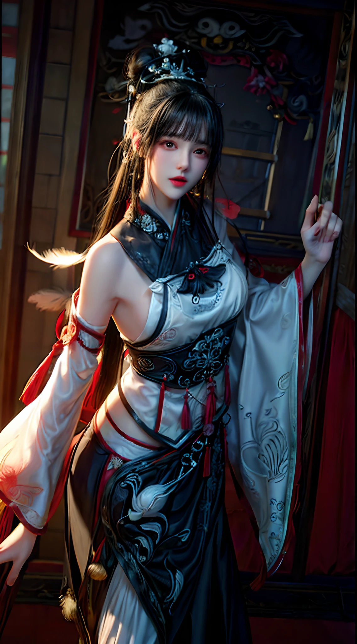 (best quality,4k,high-resolution,masterpiece:1.2), ultra-detailed, realistic, black and white Hanfu with black embroidery, elegant white ponytail, flowing long hair, white mask, fluttering mask in the wind, tassel hair accessory, peony flowers, ancient style, oversized sleeves, dynamic posing, dramatic composition, falling petals, red waist belt, intricate background, ancient architecture, thin mist and thick clouds, swirling dark clouds, cinematic lighting, intricate feather background.