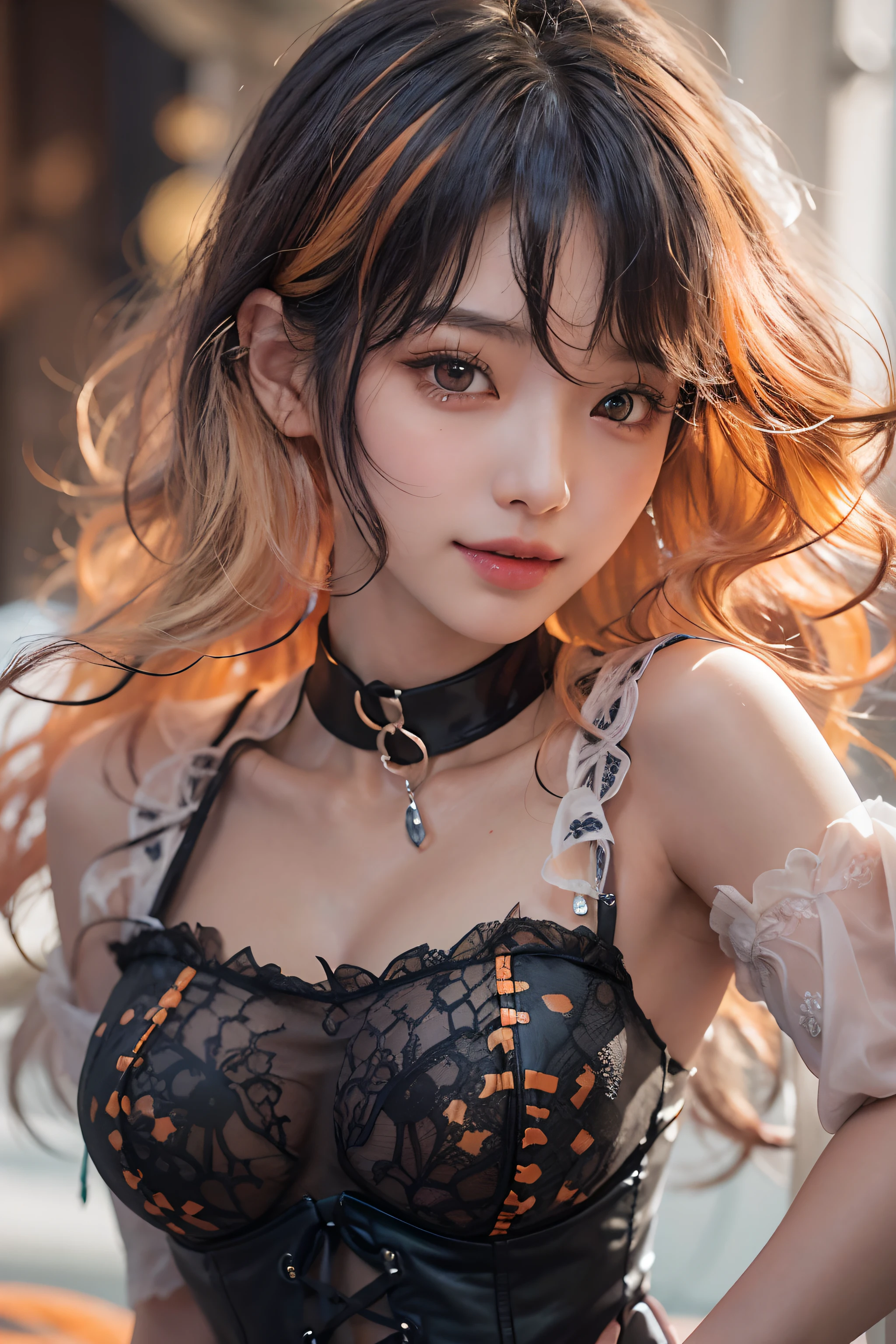 (upper Shot)、1girl in、in her 20s、(((Black hair, Orange dip dyed hair)))、((bangss))、((Twin-tailed))、(Photoreal Stick:1.2)、in 8K、(High quality shadows)、(a smile)、Detail Beautiful delicate face、Detail Beautiful delicate eyes、Cute K-pop Idol、(Korean Urzan Face)、(ulzzang -6500-v1.1:0.6)、pureerosface_v1、(looking at view)、gloweyes、perfectbody、((strong lights))、(a choker)、((Brown eyes))、((Beautiful Finger))、 Shiny hair、Description beautiful delicate hair、(Lustrous skin)、((Black see-through dress))、(corsets)、 (early evening)、Background blur、电影灯光、huge window、