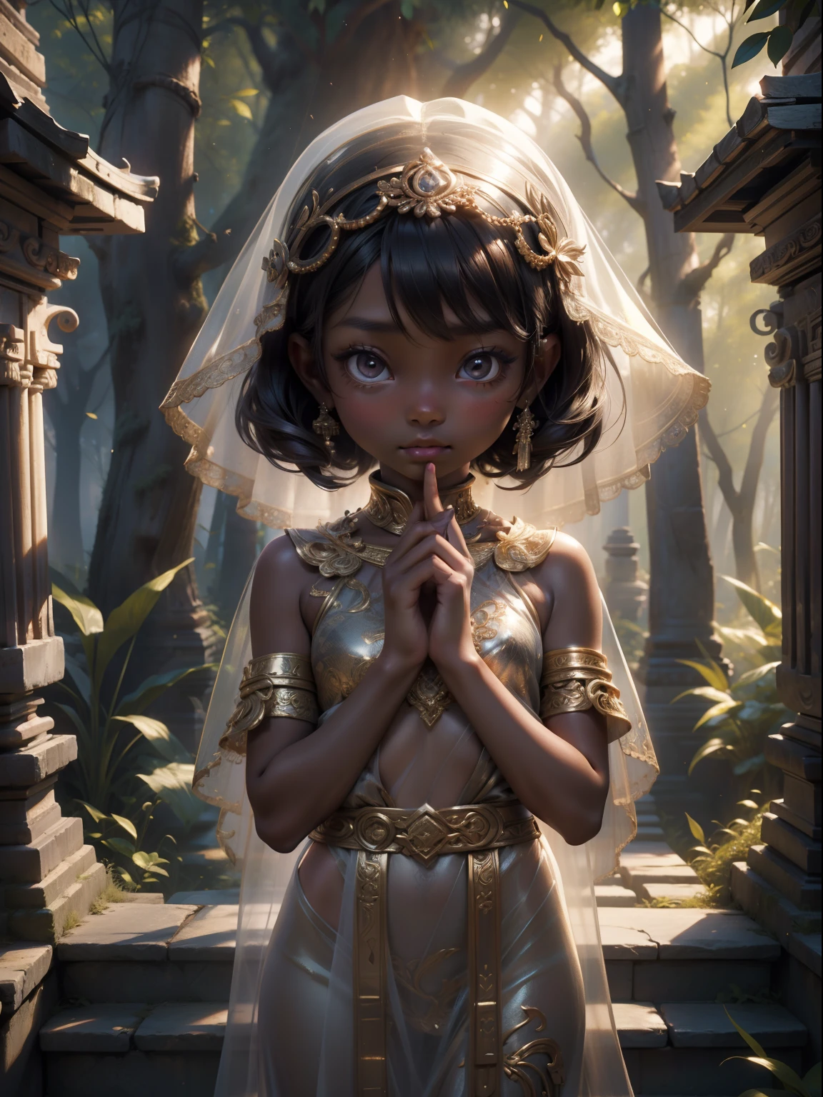 4K image quality、Delicate skin、A detailed face、Girl dancing on an ancient temple in the forest、short、child actor、darkskinned、Wearing a transparent veil、Bewitching atmosphere、perfect hand